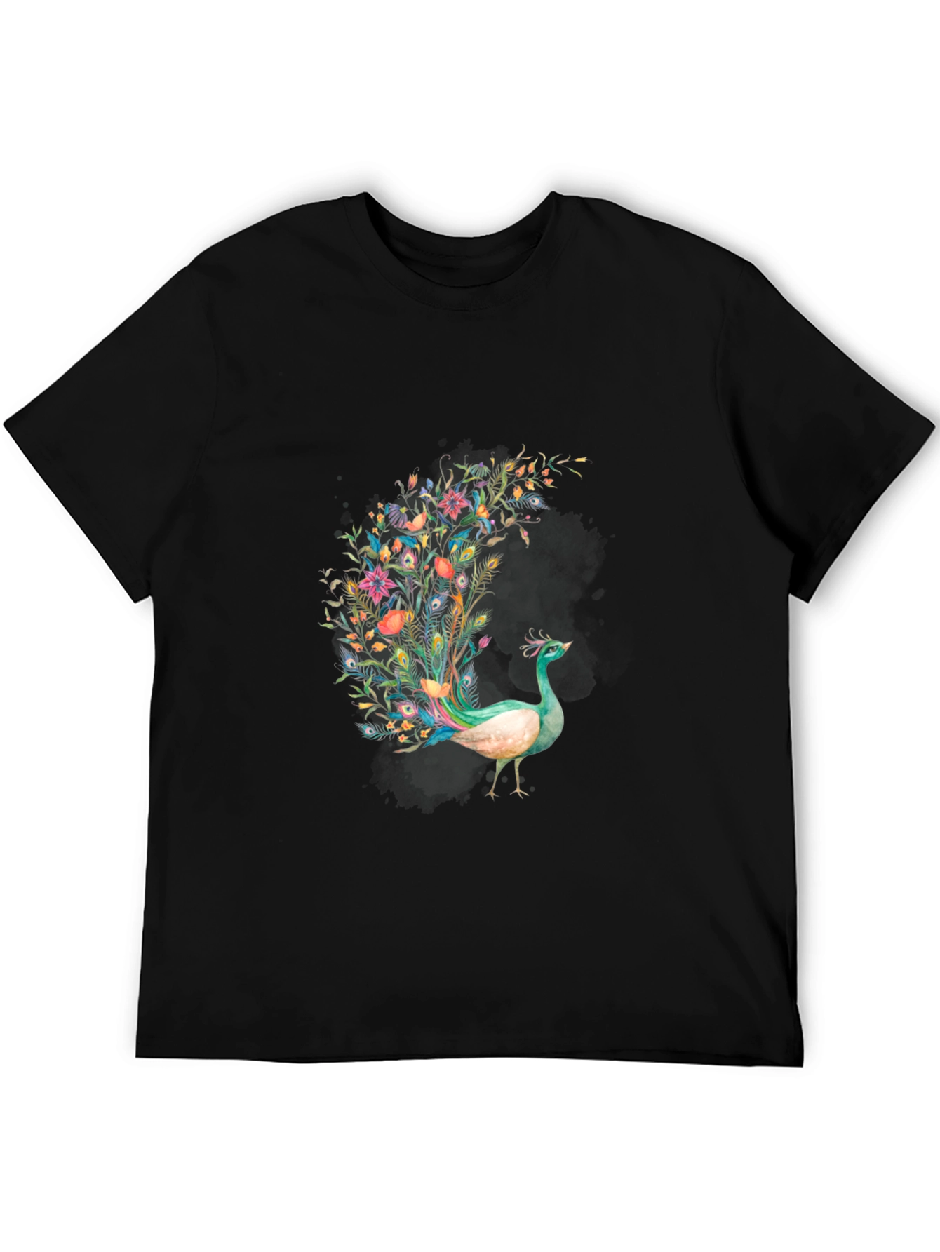 Floral Peacock Graphic Black T-Shirt