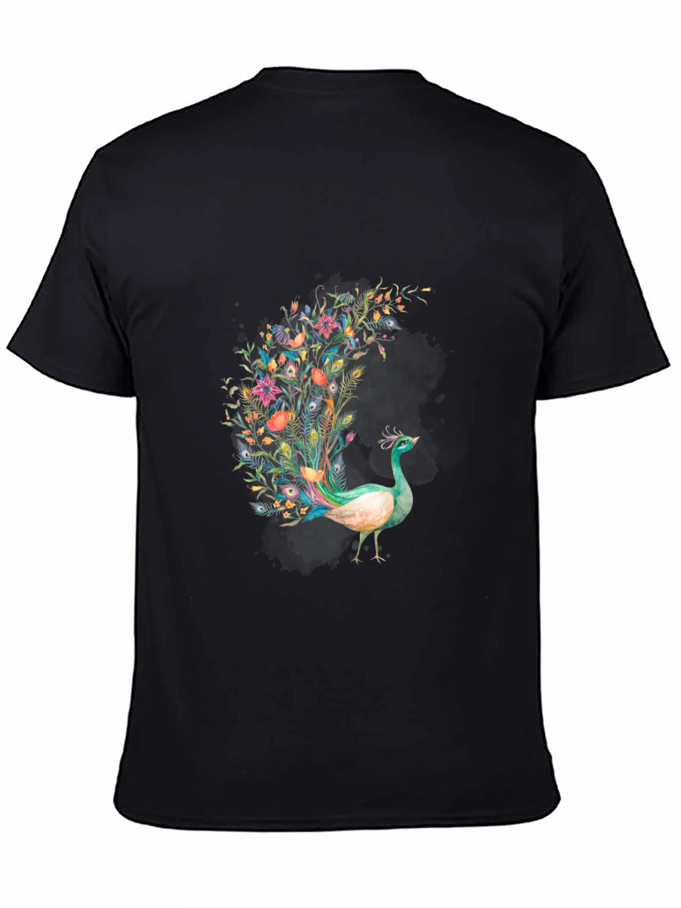 Floral Peacock Graphic Black T-Shirt