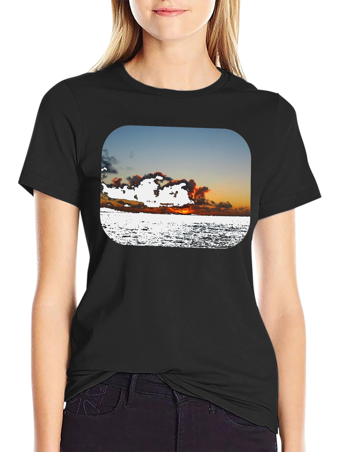 Ocean Sunset Graphic Tee - Black Cotton Comfort