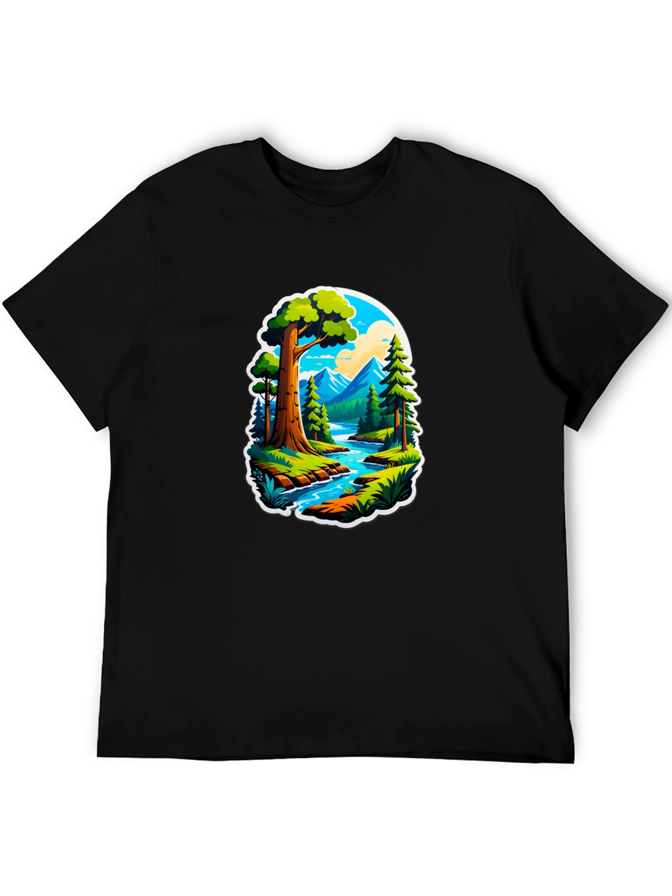 Nature River Scene Black Graphic Tee