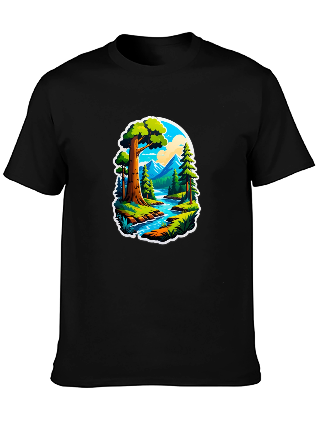 Nature River Scene Black Graphic Tee