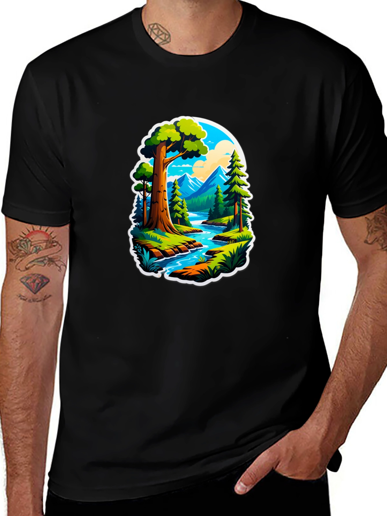 Nature River Scene Black Graphic Tee