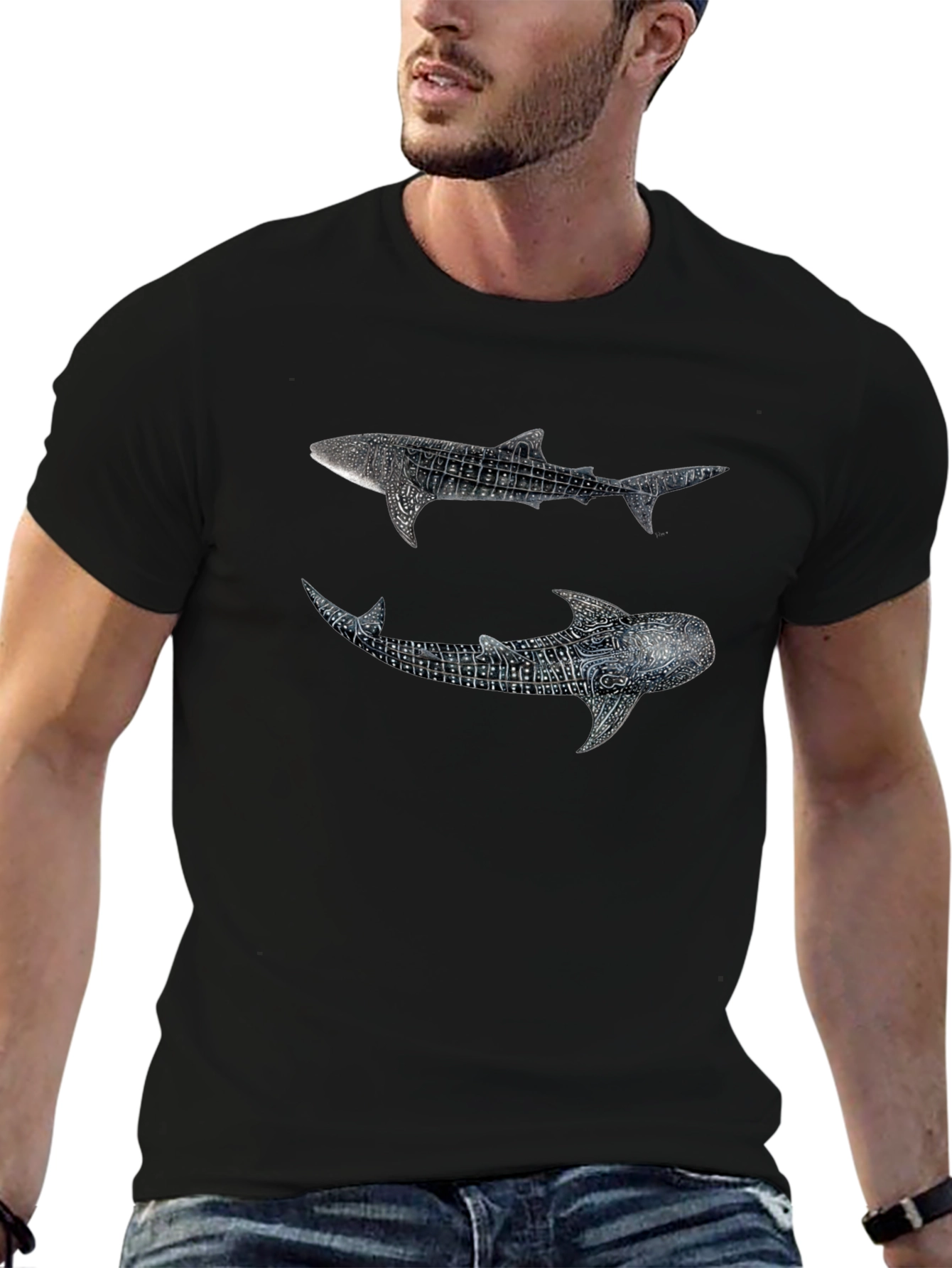 Whale Shark Graphic Print Black T-Shirt