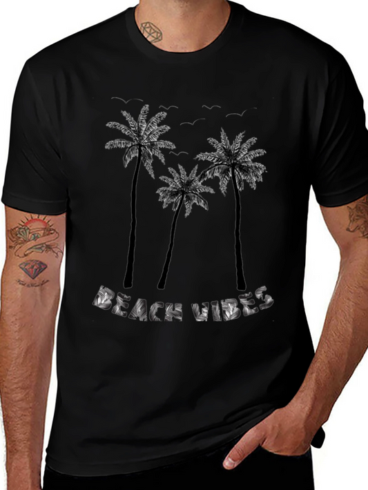 Beach Vibes Palm Tree Graphic Tee - Black Cotton T-Shirt