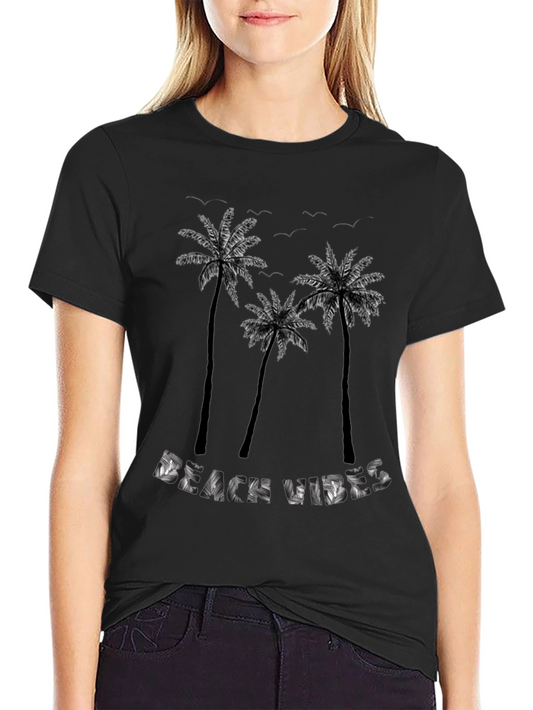 Beach Vibes Palm Tree Graphic Tee - Black Cotton T-Shirt