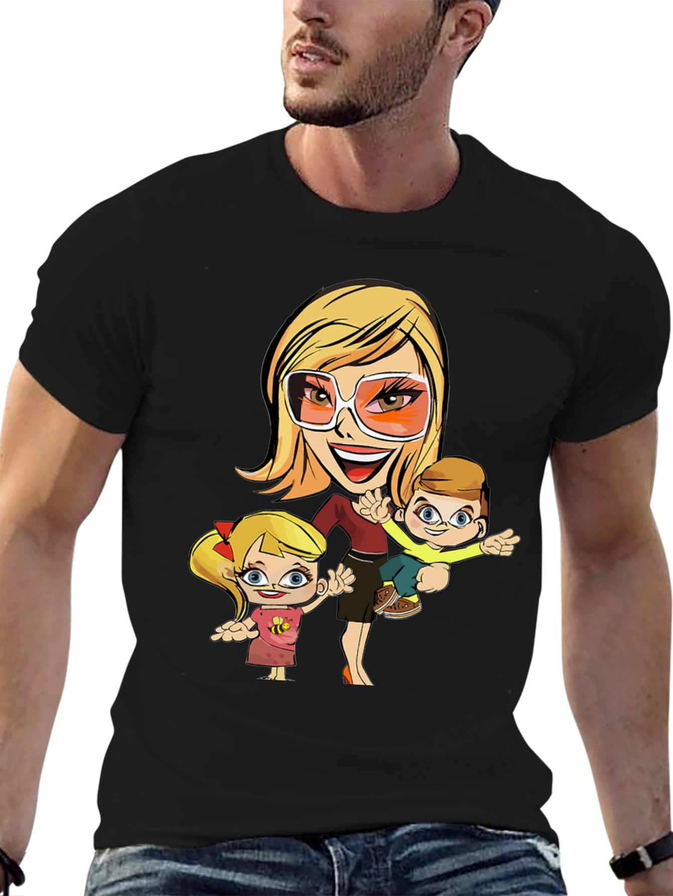 Cartoon Mom and Kids Graphic T-Shirt