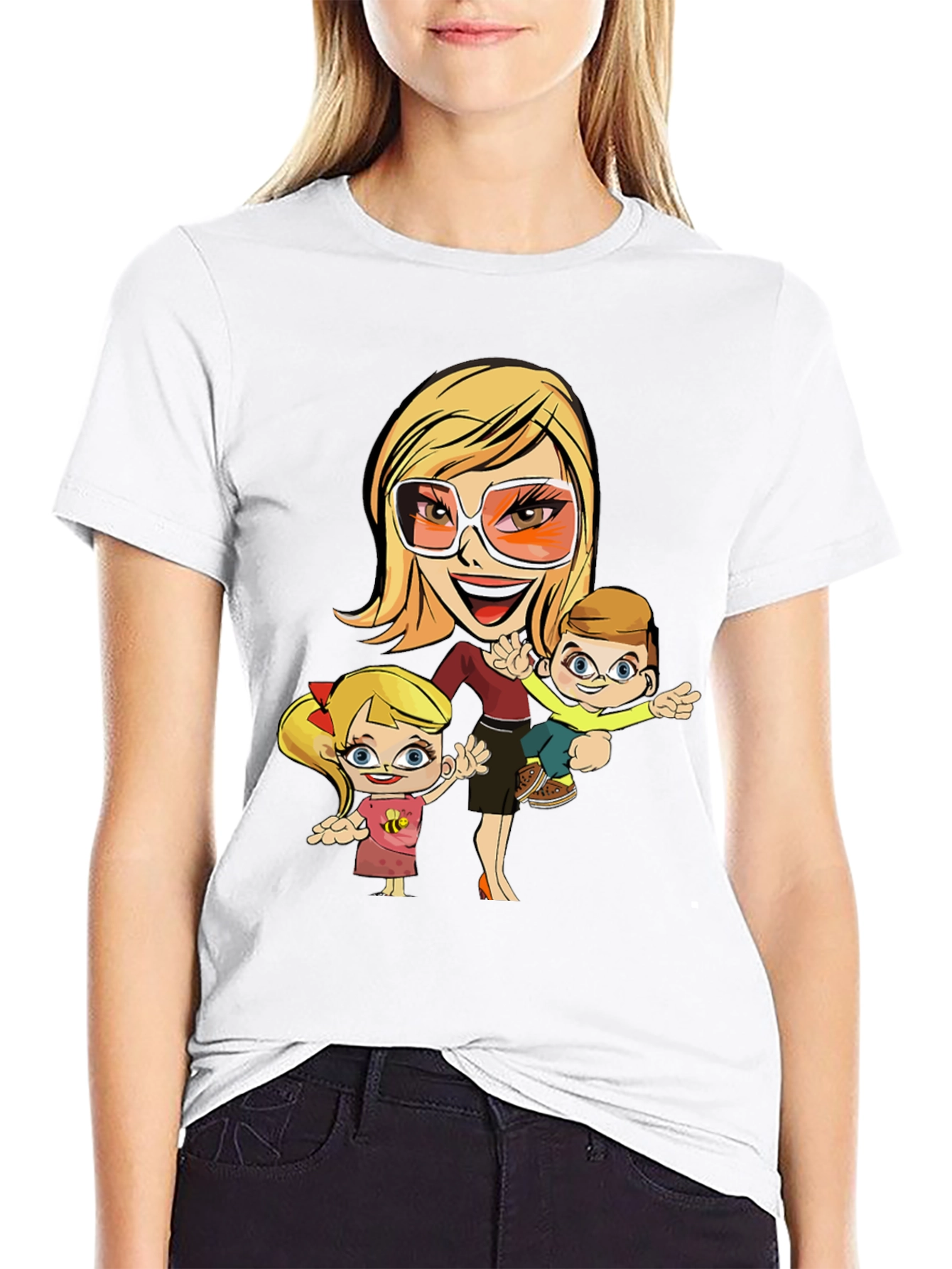 Cartoon Mom and Kids Graphic T-Shirt