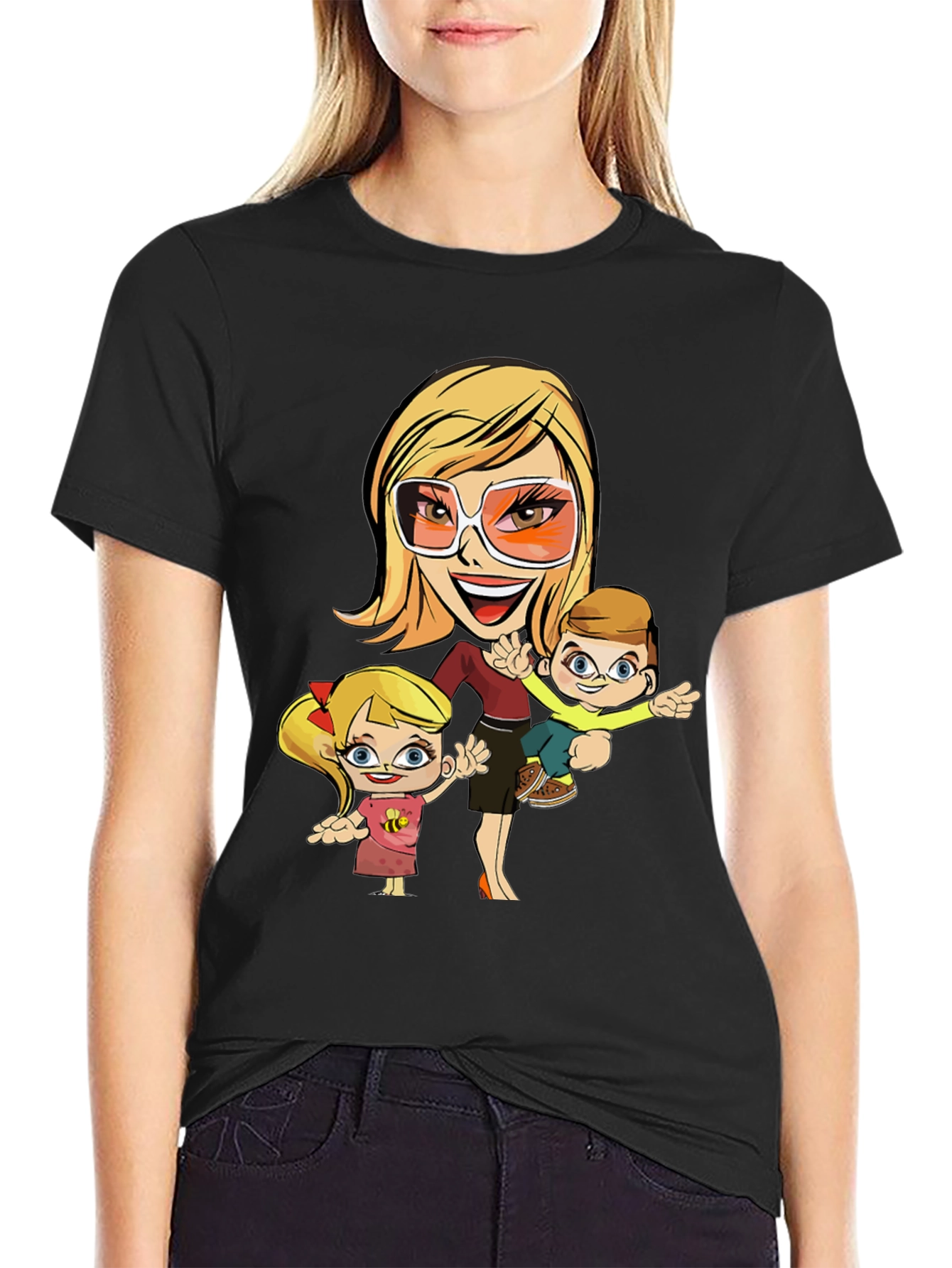 Cartoon Mom and Kids Graphic T-Shirt