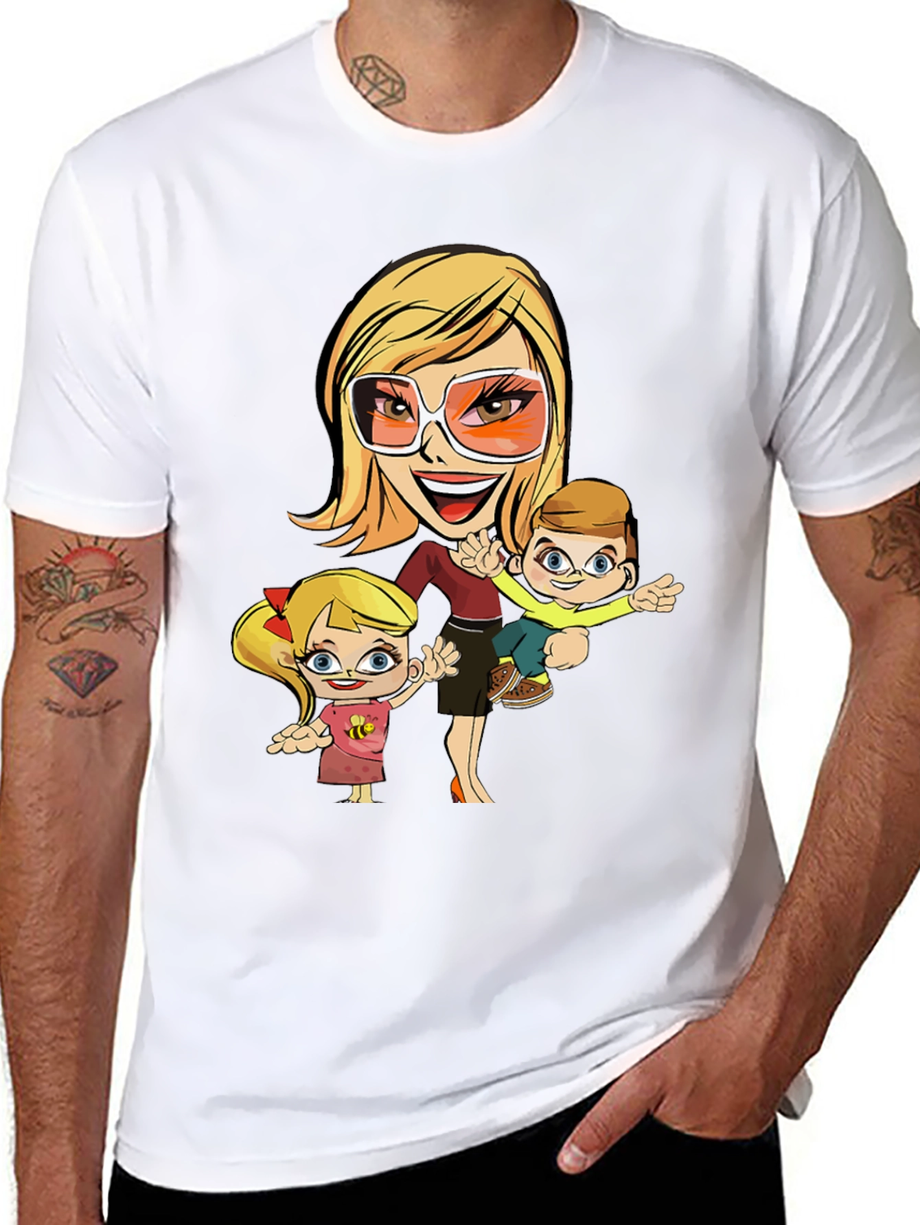 Cartoon Mom and Kids Graphic T-Shirt
