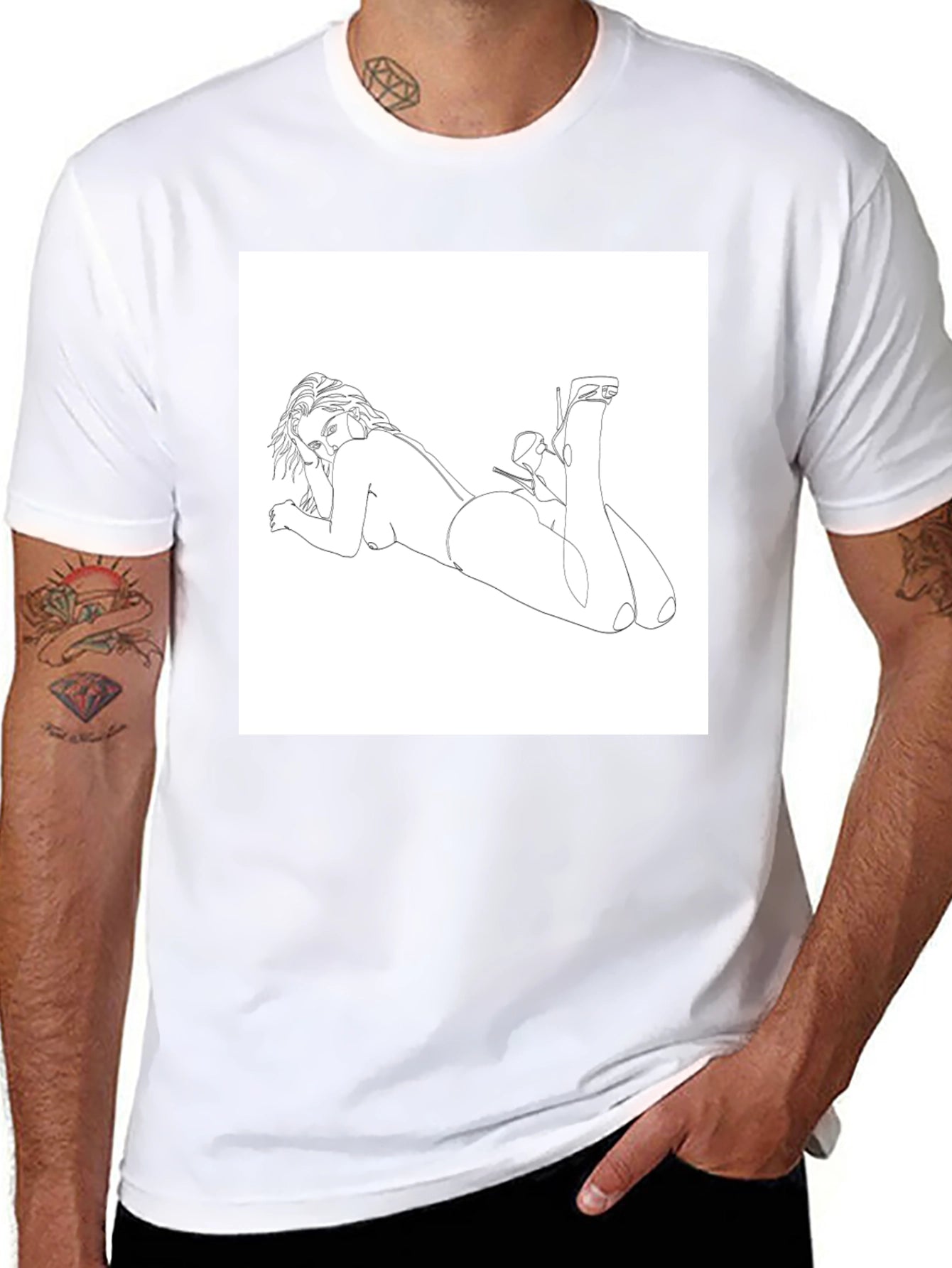 Line Art Woman Graphic Tee - Black Casual Shirt