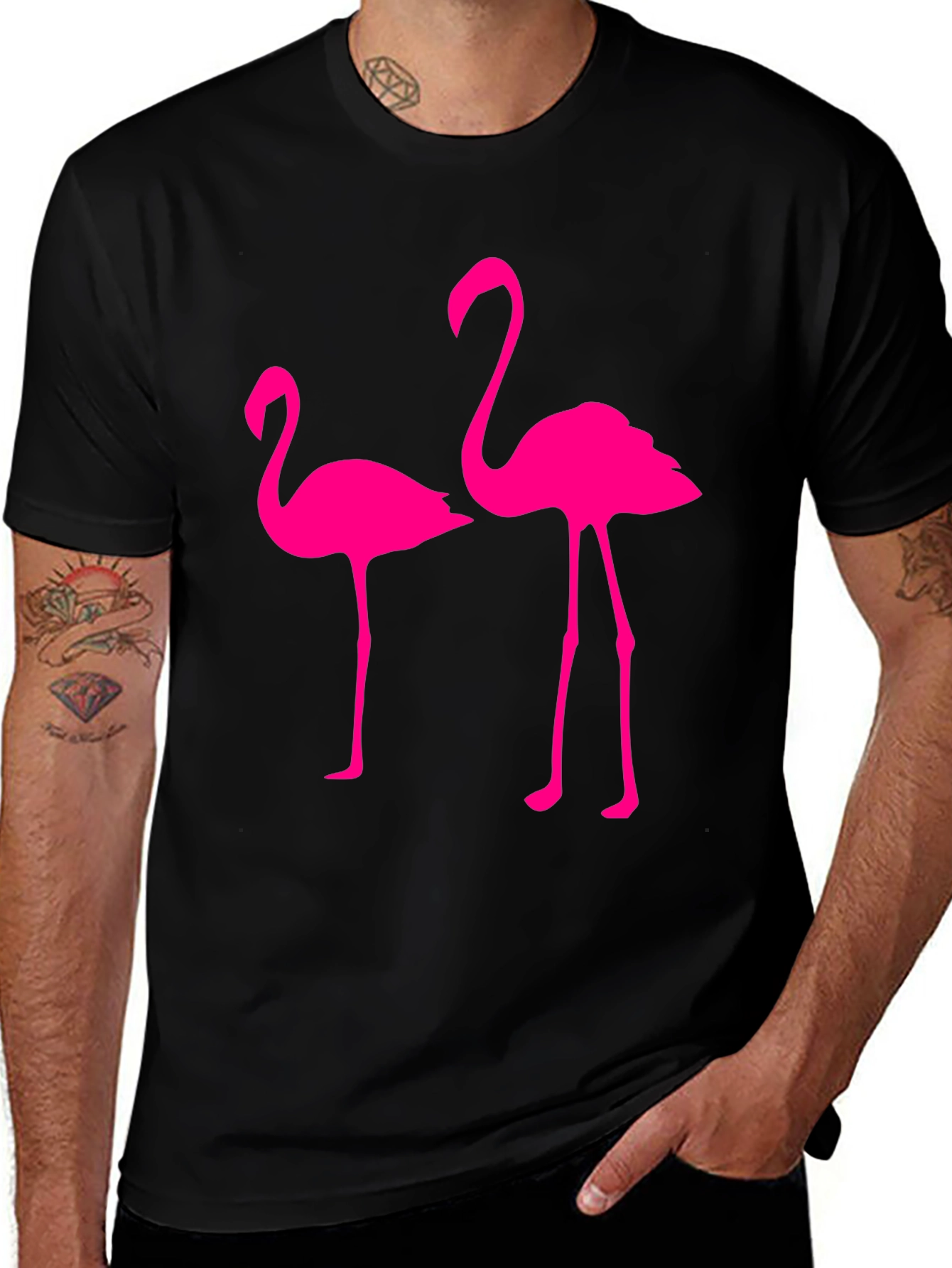 Mens Black T-Shirt with Two Pink Flamingos