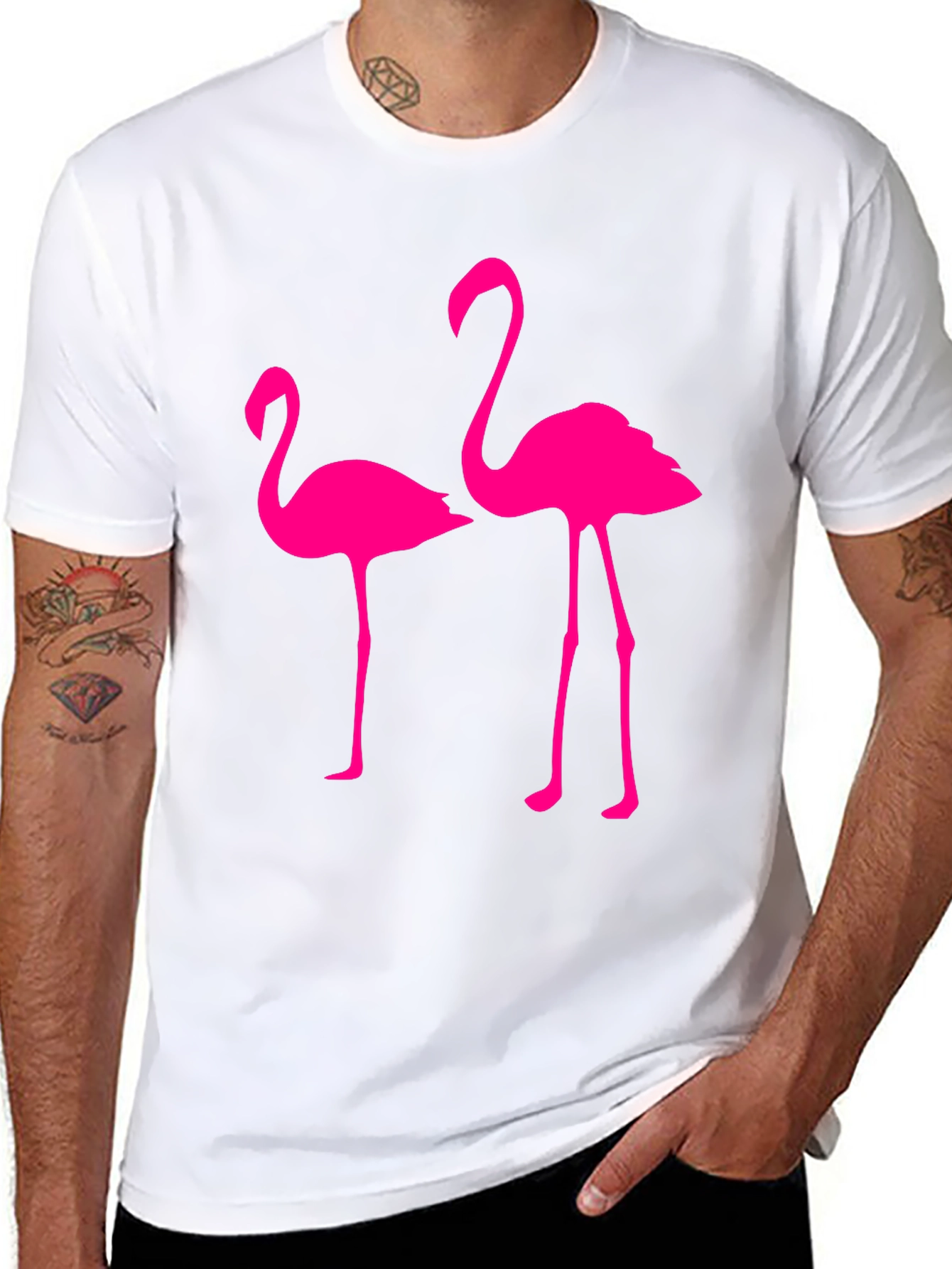 Mens Black T-Shirt with Two Pink Flamingos