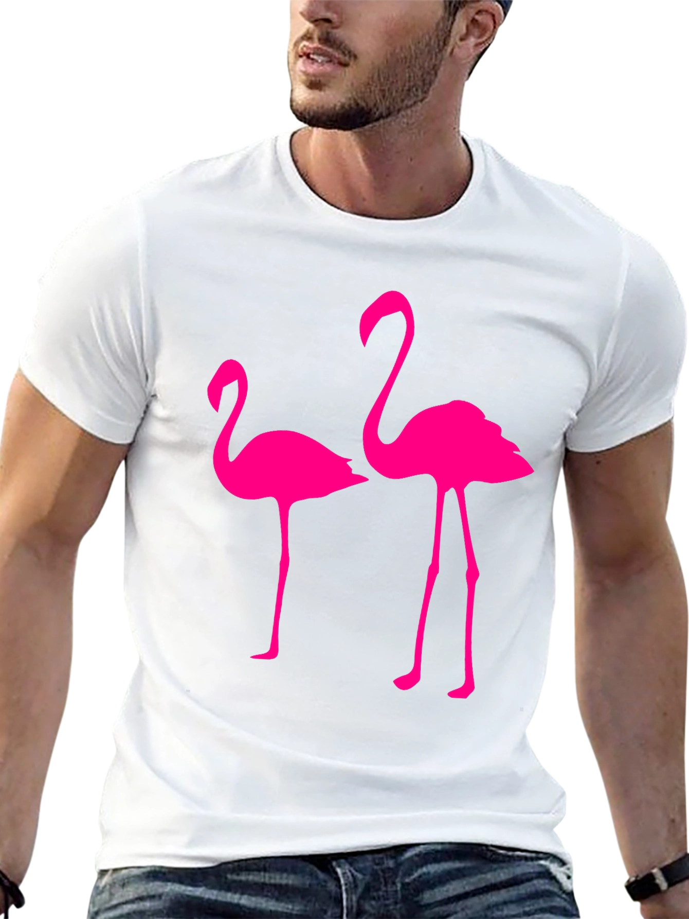 Mens Black T-Shirt with Two Pink Flamingos