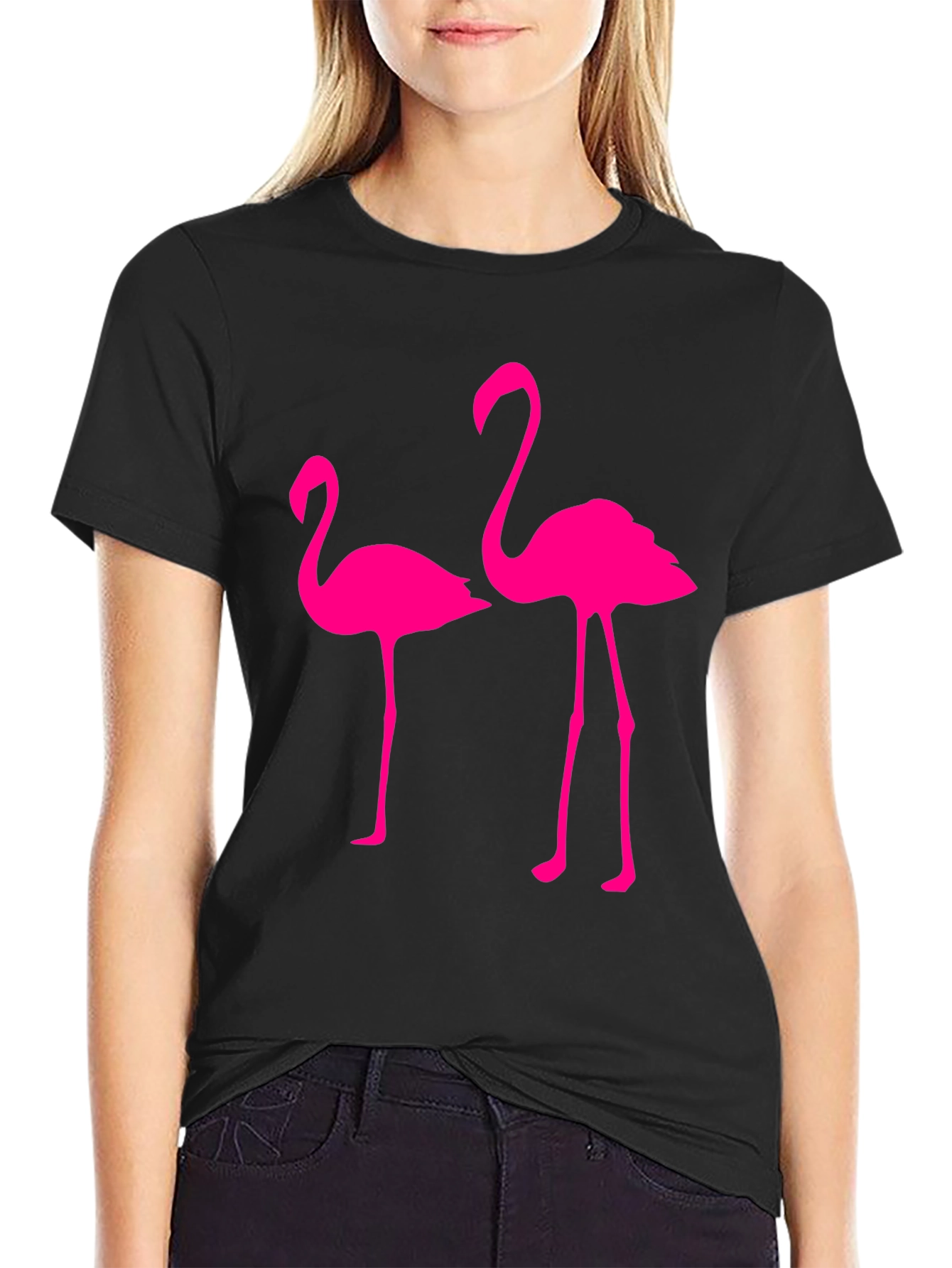 Mens Black T-Shirt with Two Pink Flamingos