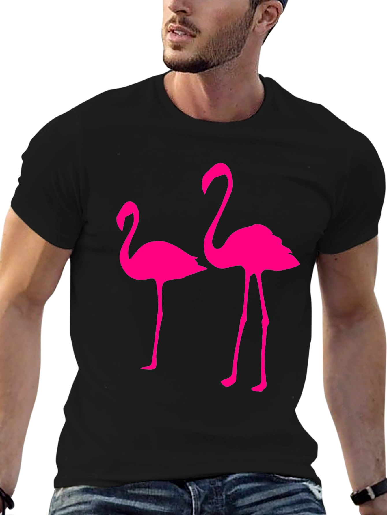 Mens Black T-Shirt with Two Pink Flamingos