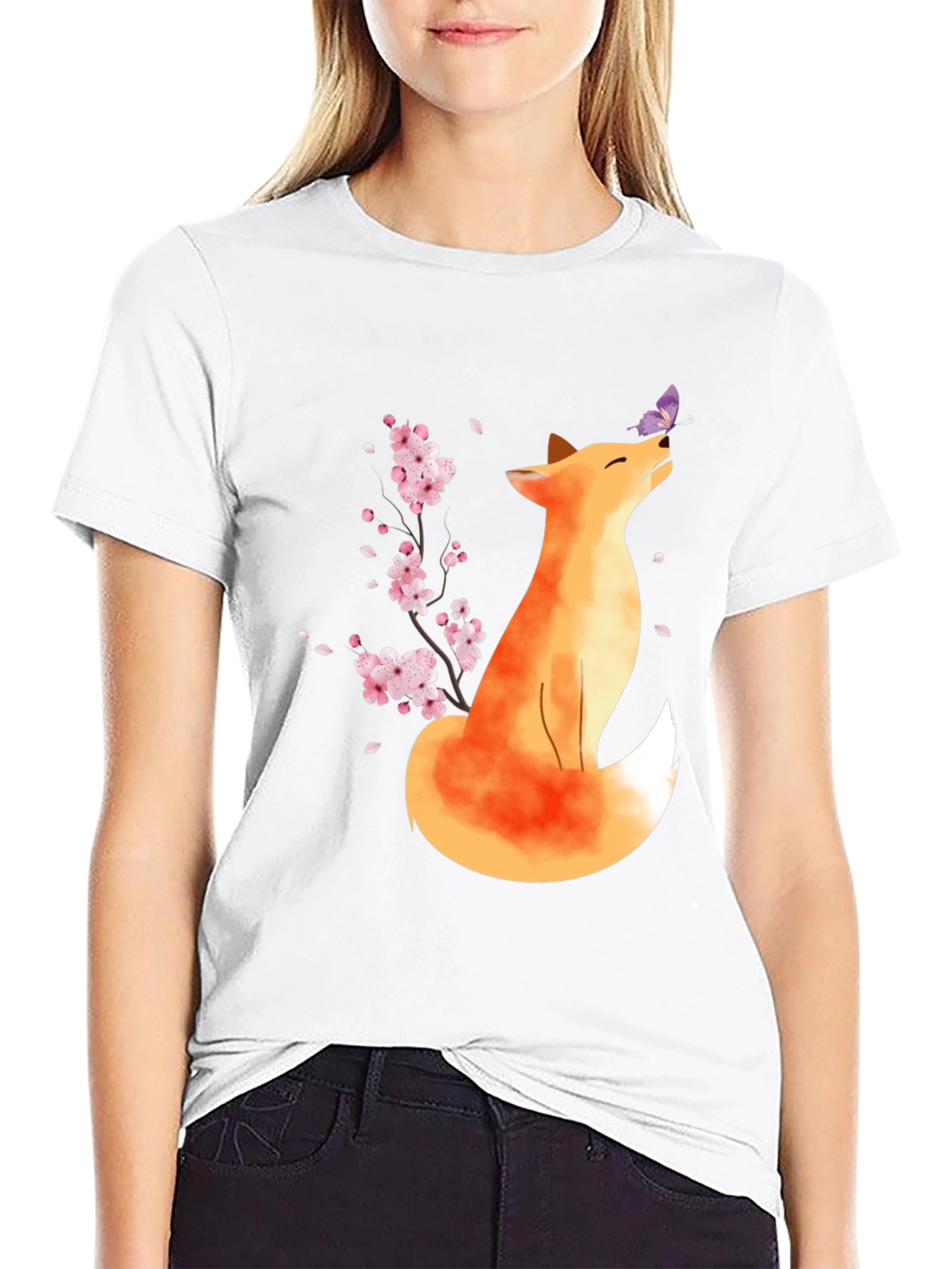 Fox and Butterfly Black T-Shirt