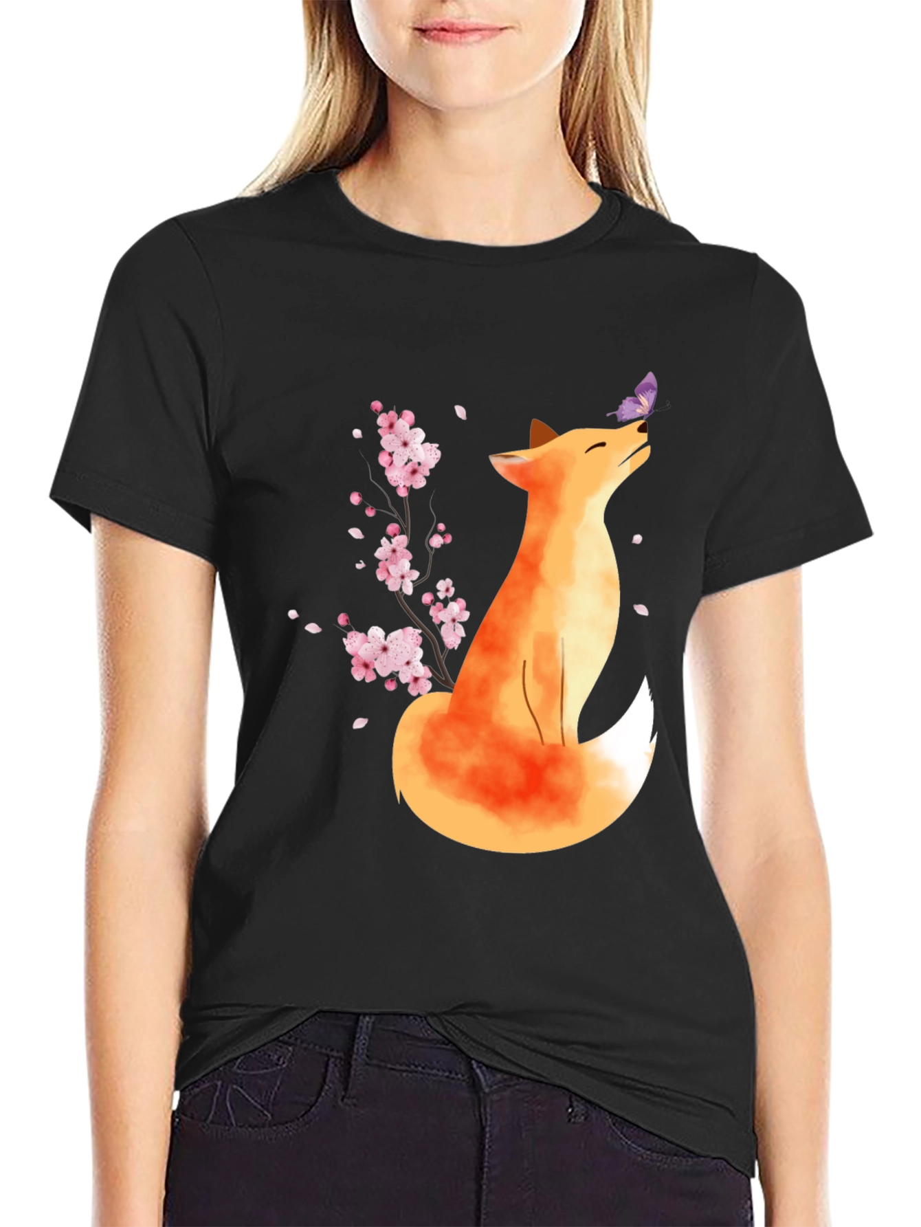Fox and Butterfly Black T-Shirt