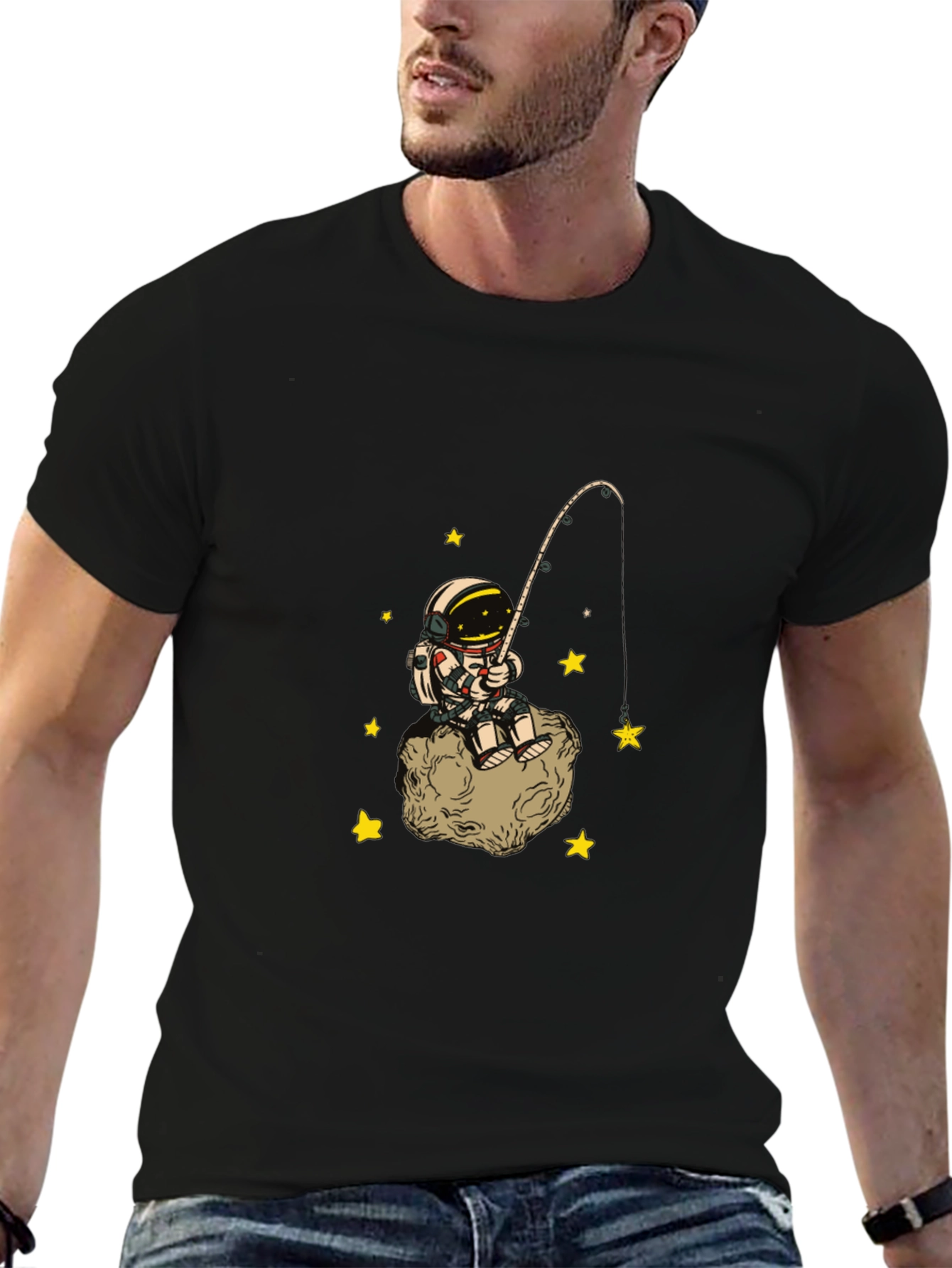 Astronaut Fishing Starry Tee - Outer Space Cotton T-Shirt