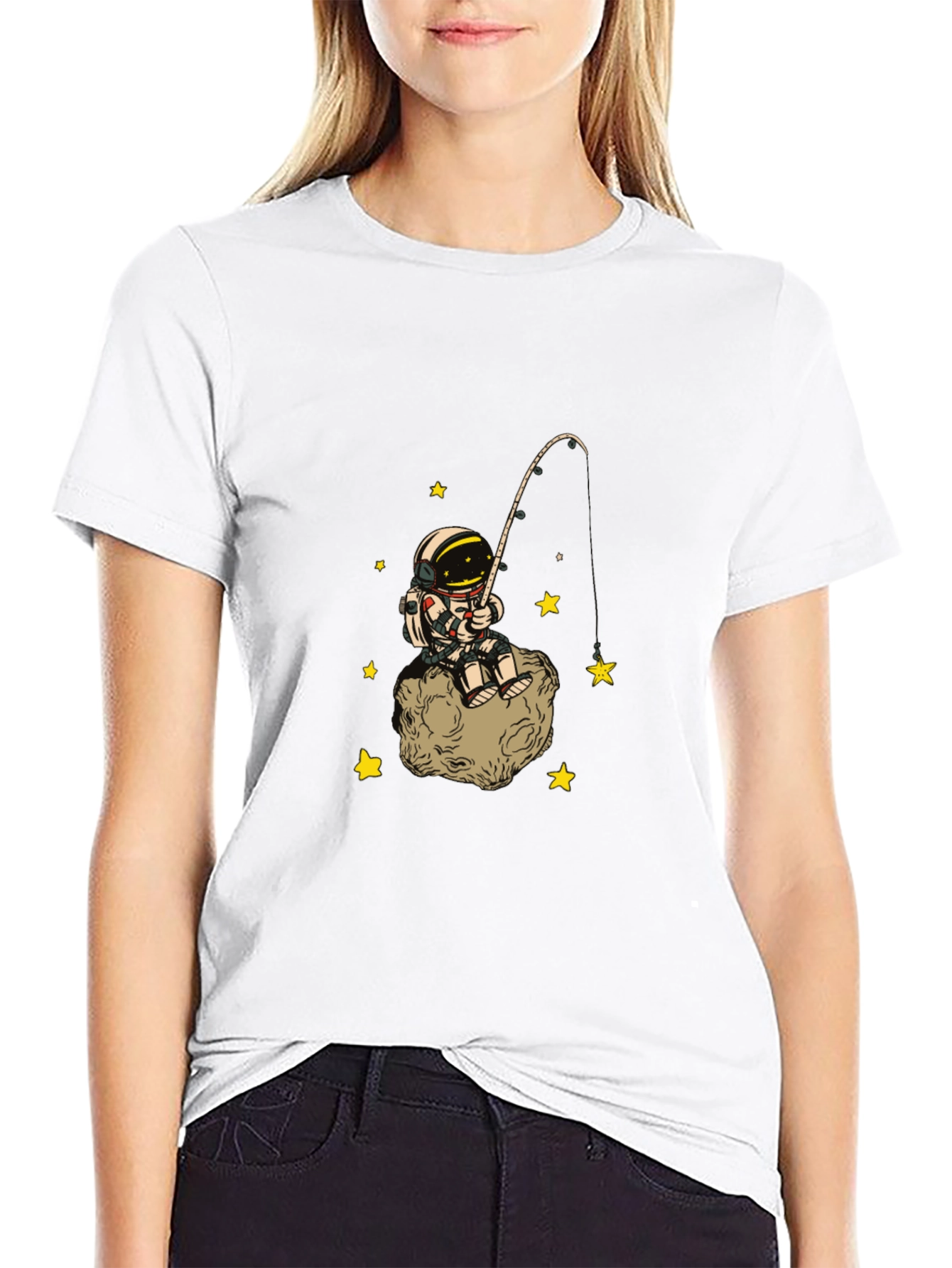Astronaut Fishing Starry Tee - Outer Space Cotton T-Shirt