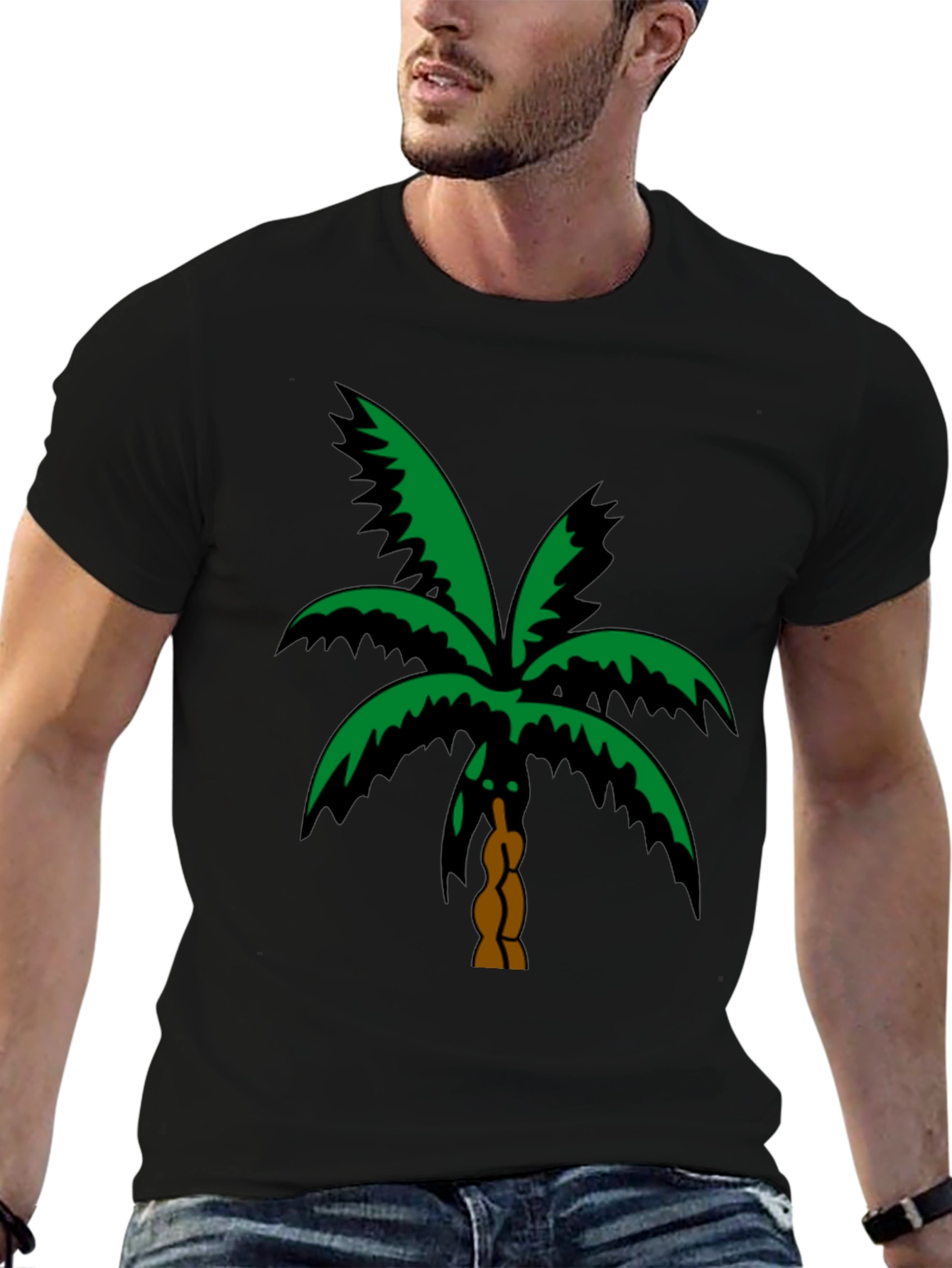 Tropical Palm Tree Graphic Tee - Black Cotton T-Shirt