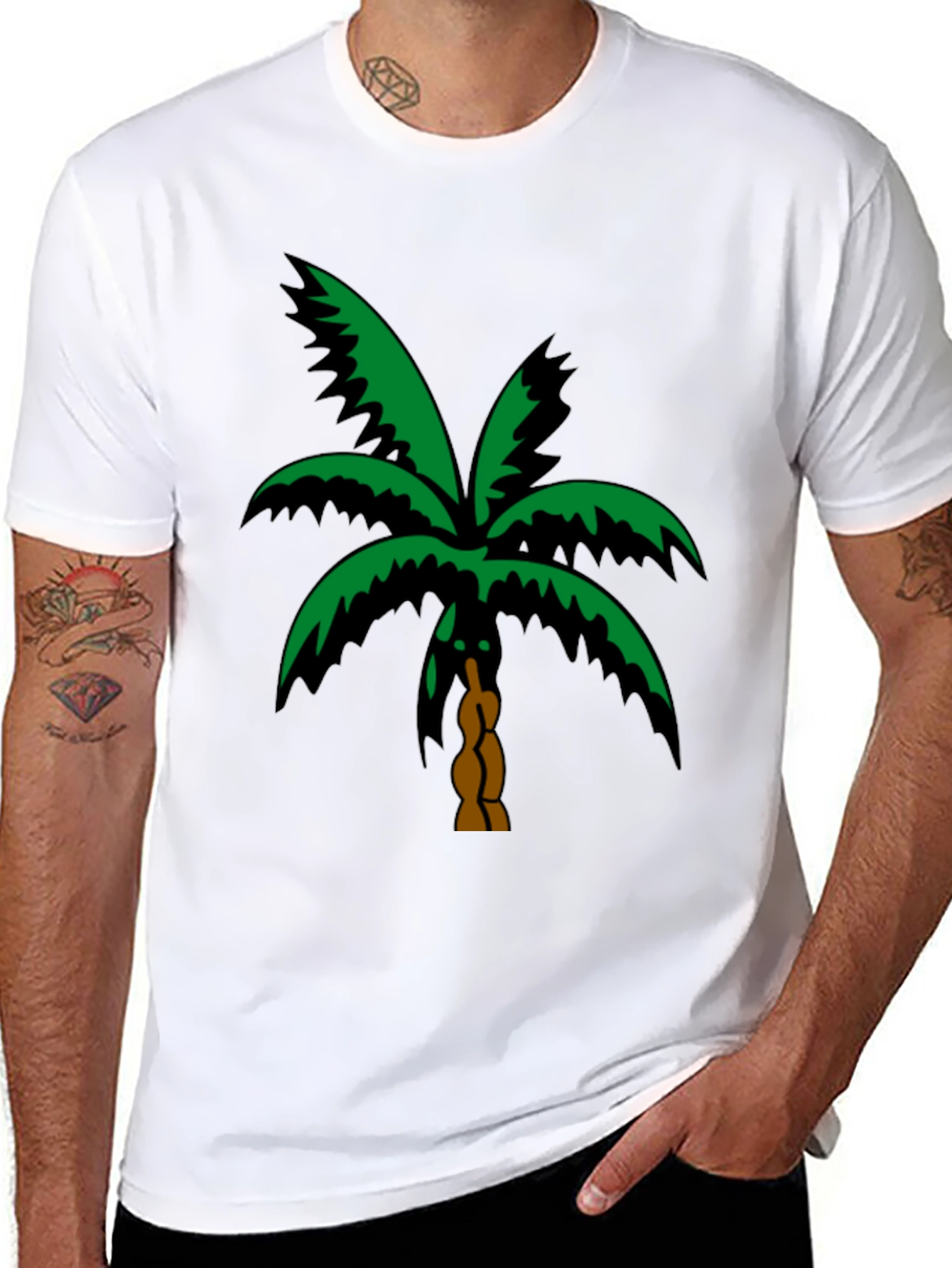 Tropical Palm Tree Graphic Tee - Black Cotton T-Shirt
