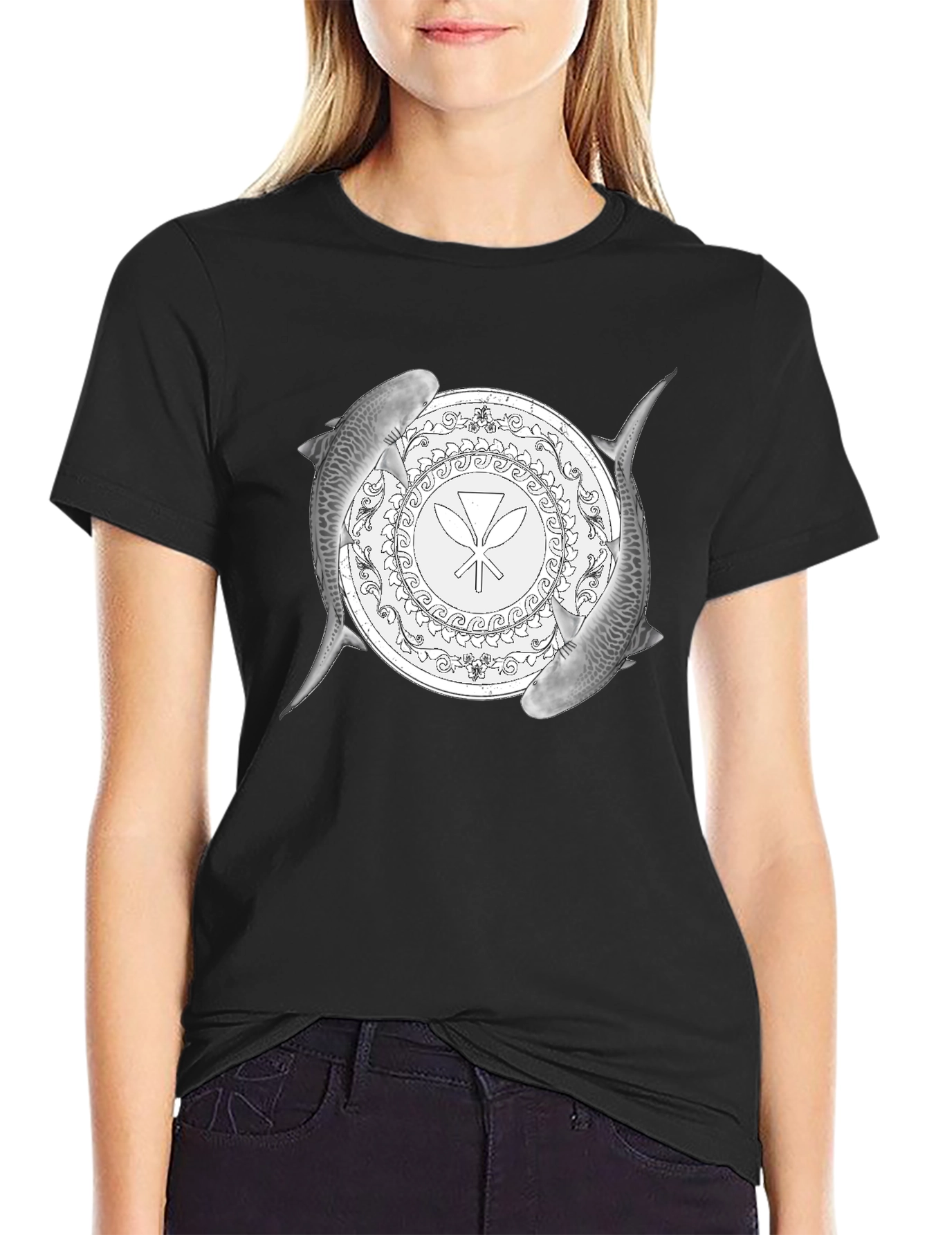Shark Circle Graphic Tee - Black Cotton Blend