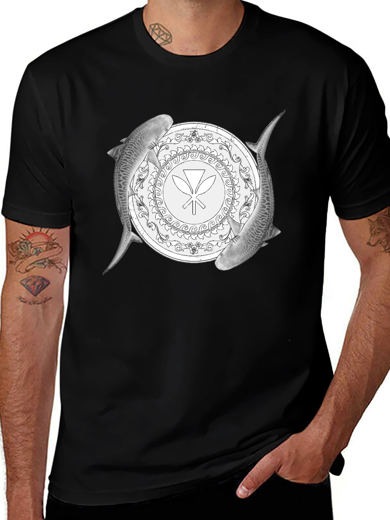 Shark Circle Graphic Tee - Black Cotton Blend