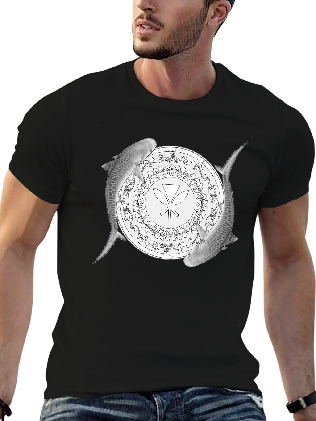 Shark Circle Graphic Tee - Black Cotton Blend