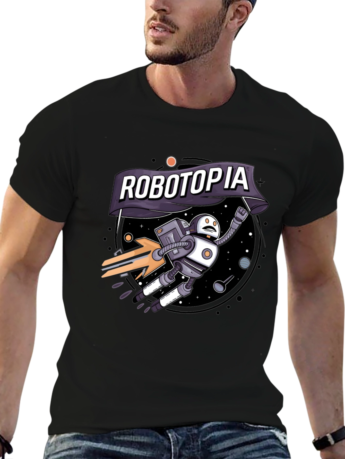 Robotopia Graphic T-Shirt - Sci-Fi Robot in Space Tee