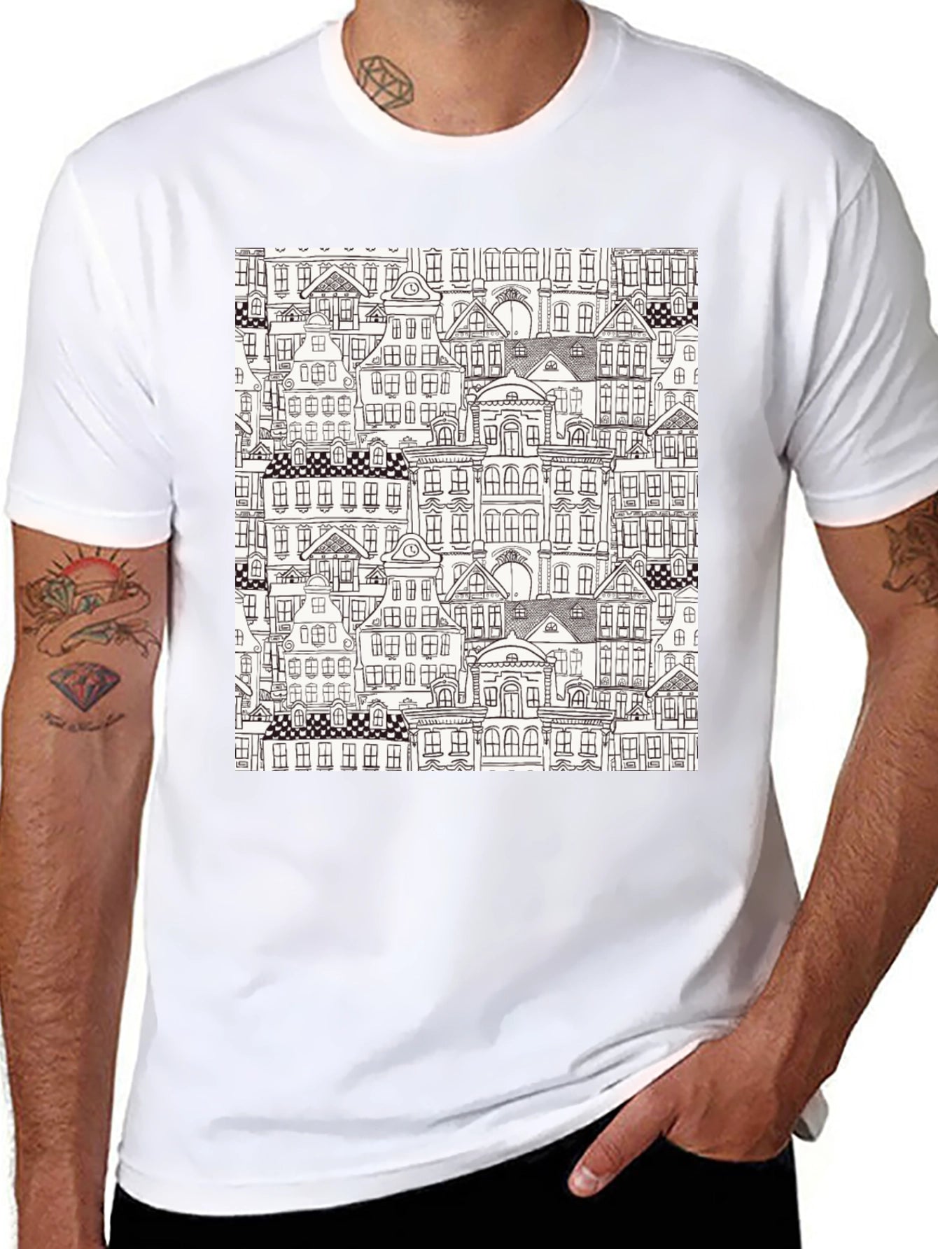 Cityscape Print Black T-Shirt