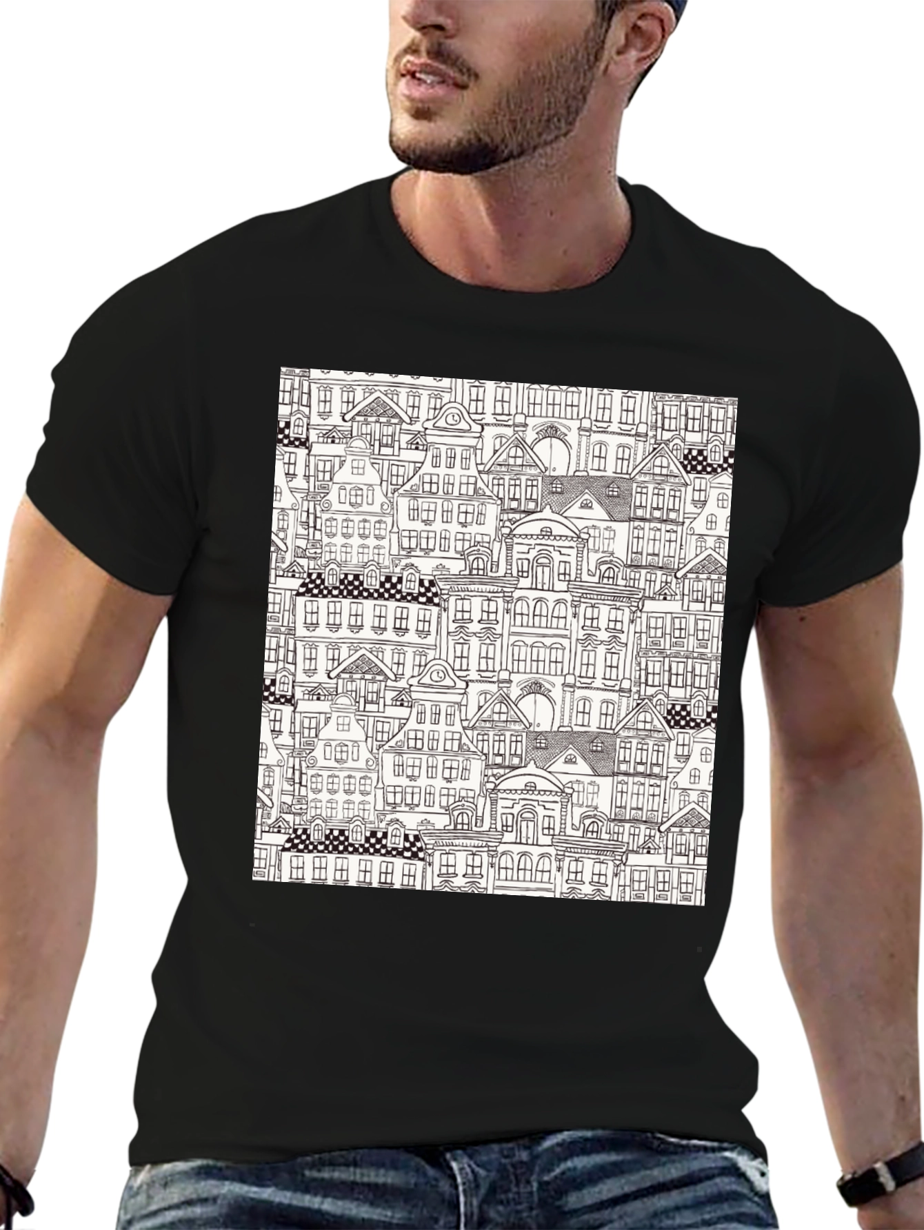 Cityscape Print Black T-Shirt