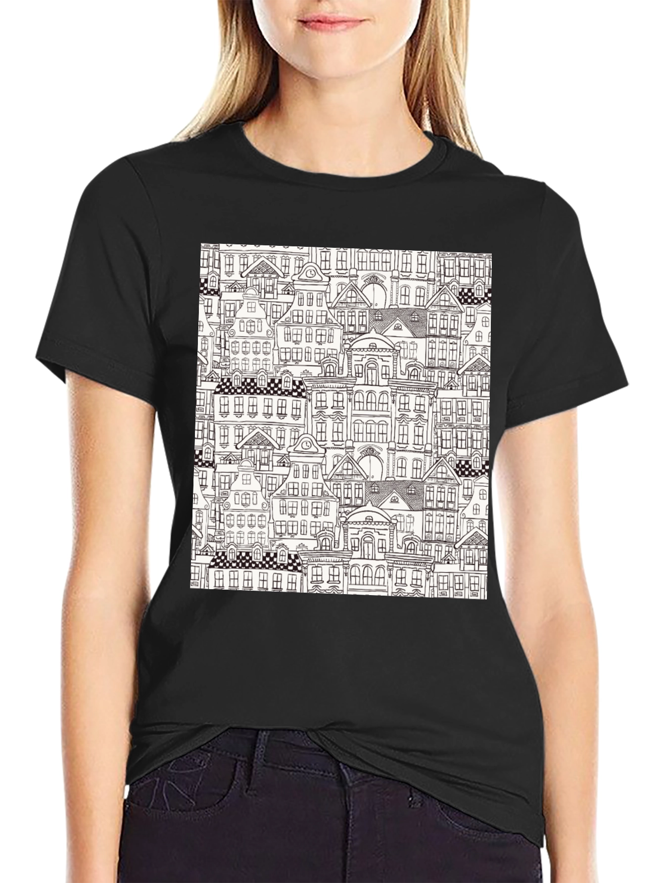 Cityscape Print Black T-Shirt