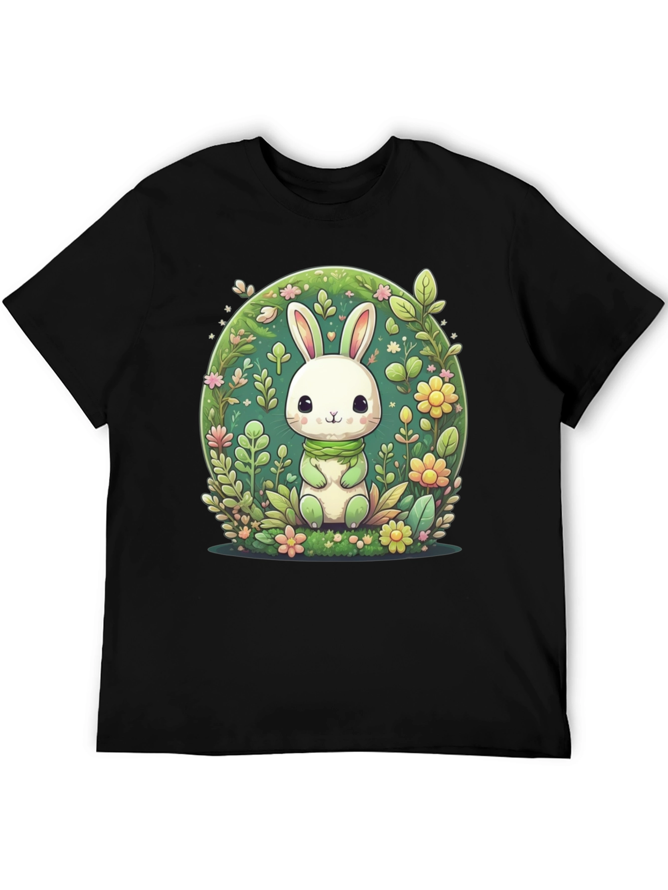 Cute Bunny & Floral Design Black T-Shirt