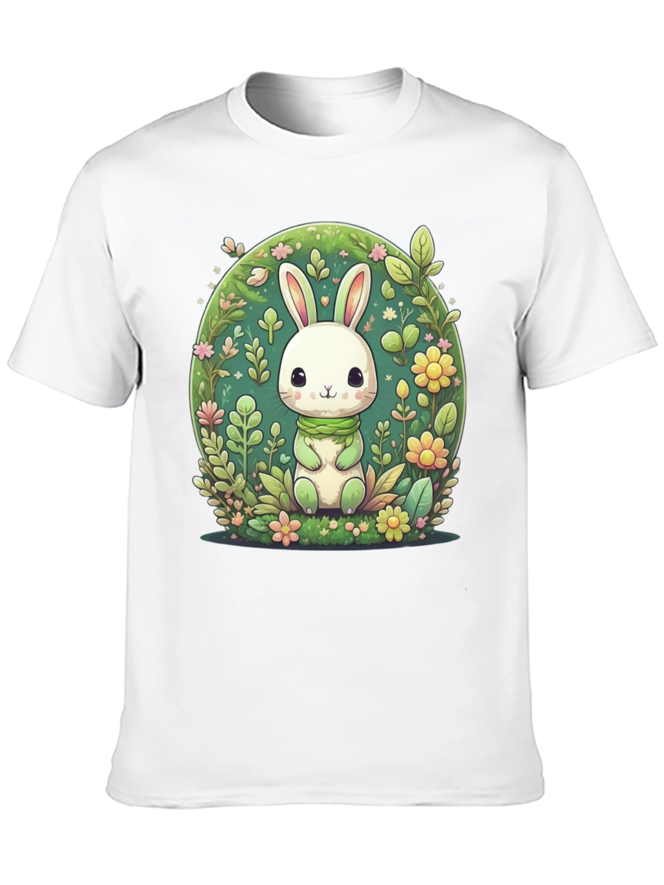 Cute Bunny & Floral Design Black T-Shirt