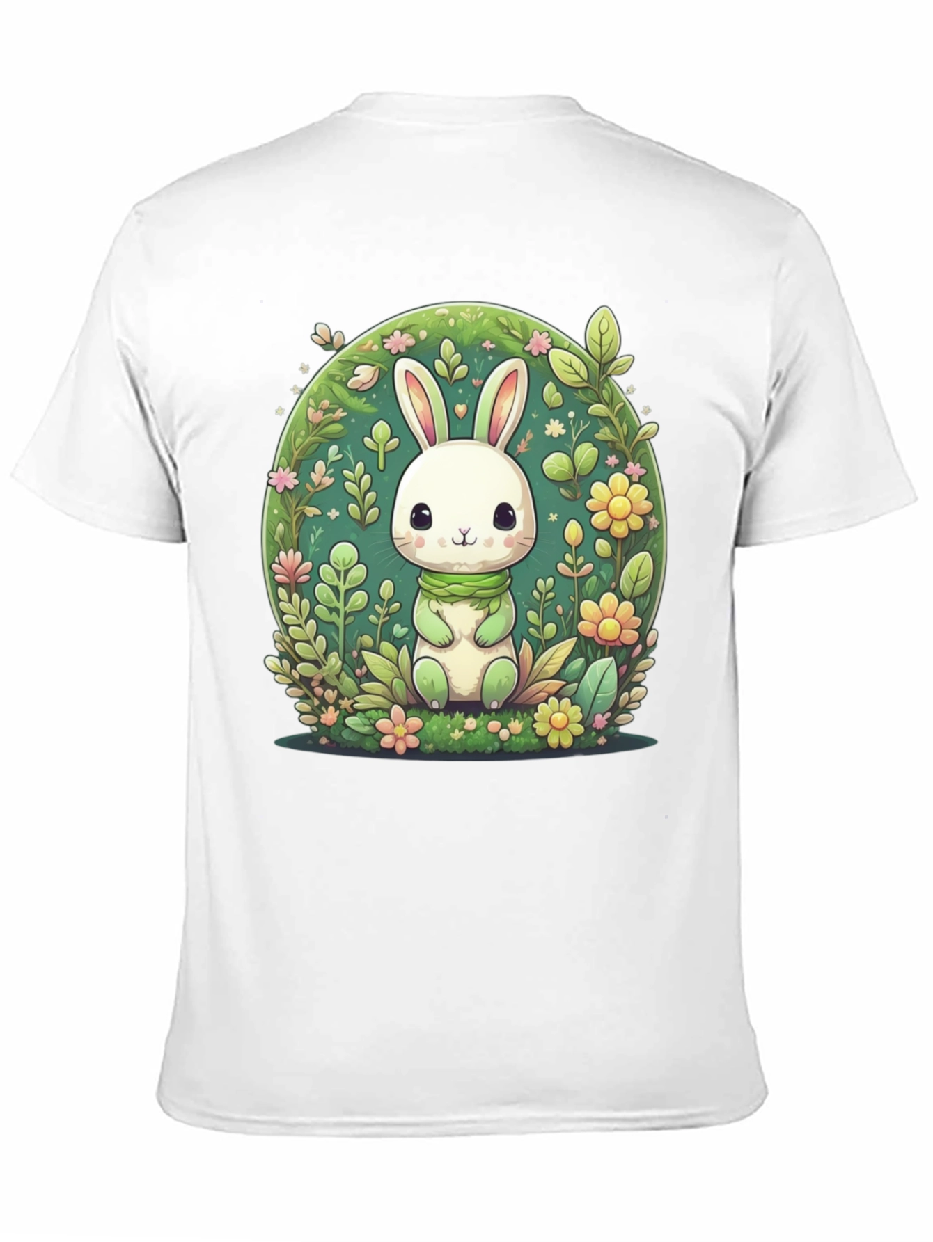 Cute Bunny & Floral Design Black T-Shirt