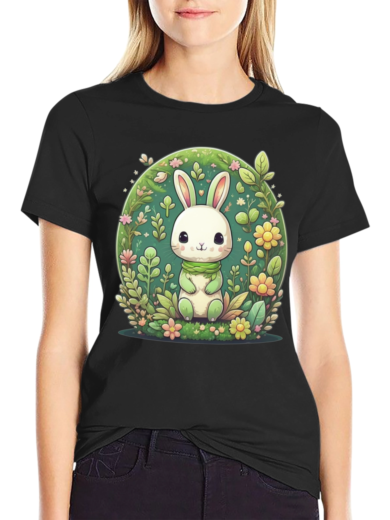 Cute Bunny & Floral Design Black T-Shirt