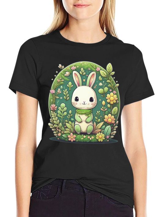 Cute Bunny & Floral Design Black T-Shirt