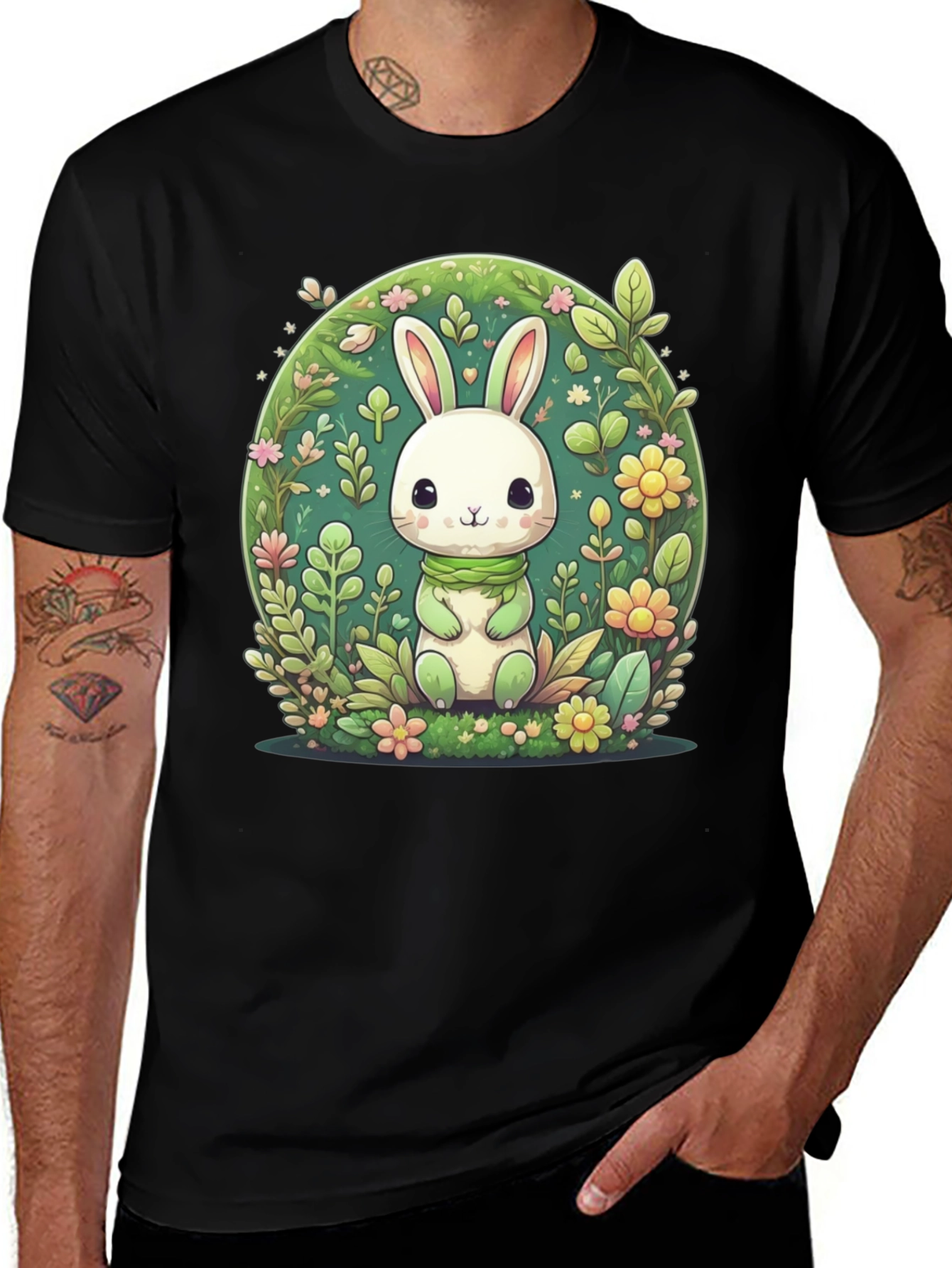 Cute Bunny & Floral Design Black T-Shirt