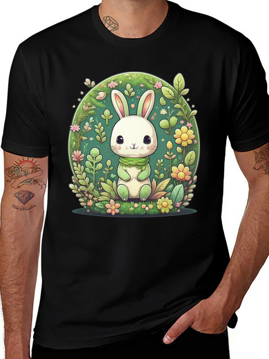 Cute Bunny & Floral Design Black T-Shirt