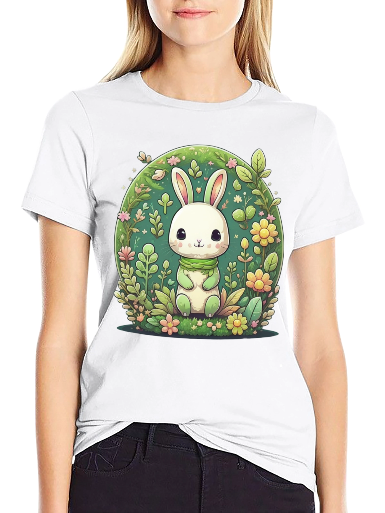 Cute Bunny & Floral Design Black T-Shirt