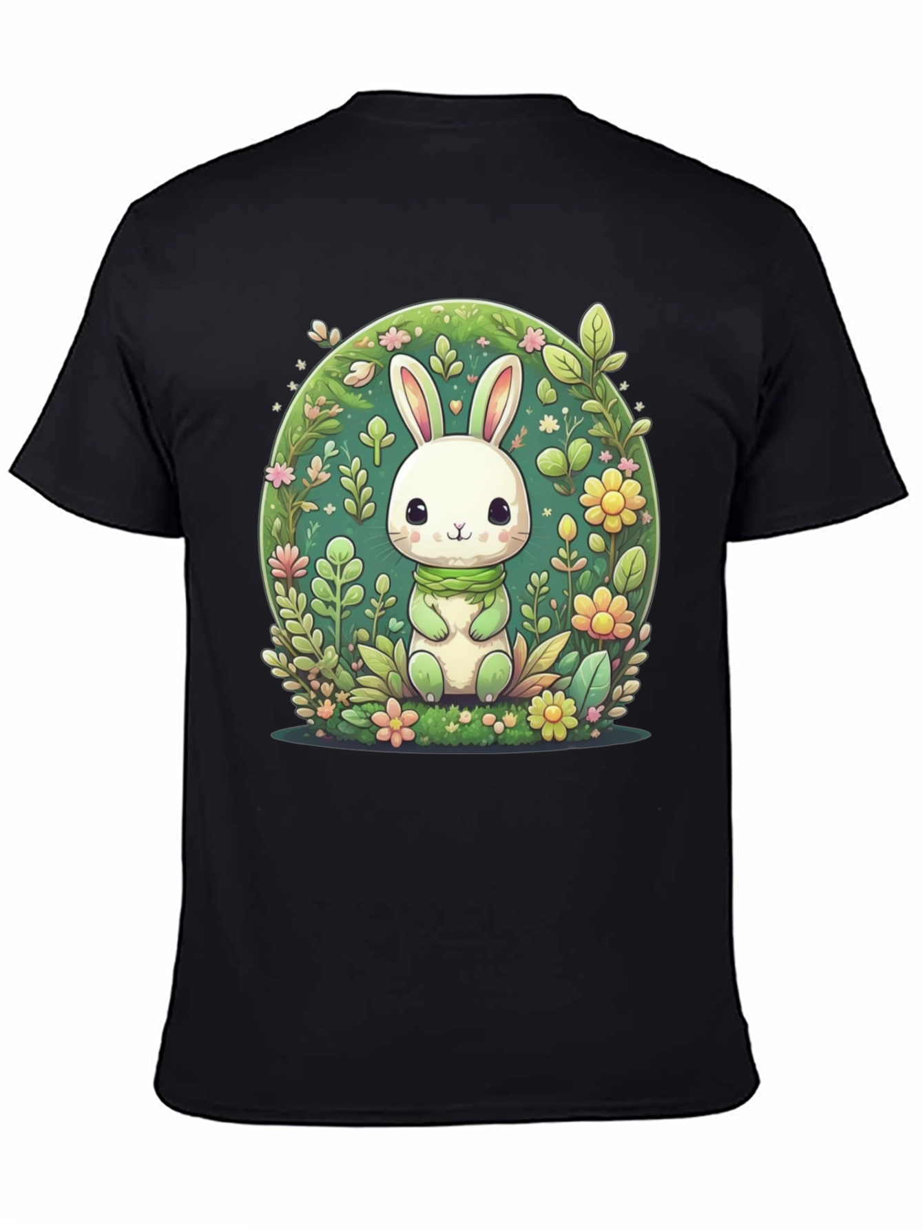 Cute Bunny & Floral Design Black T-Shirt