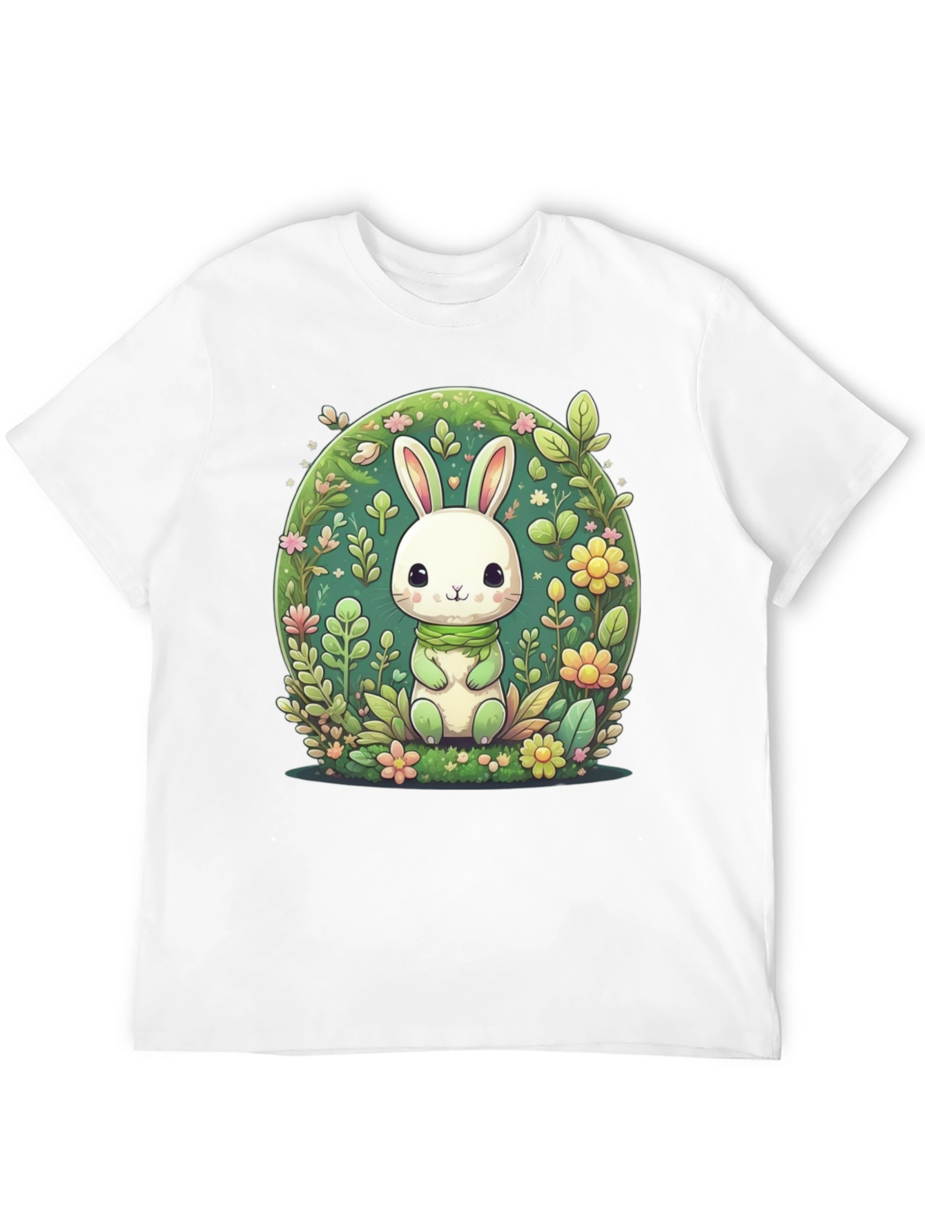 Cute Bunny & Floral Design Black T-Shirt