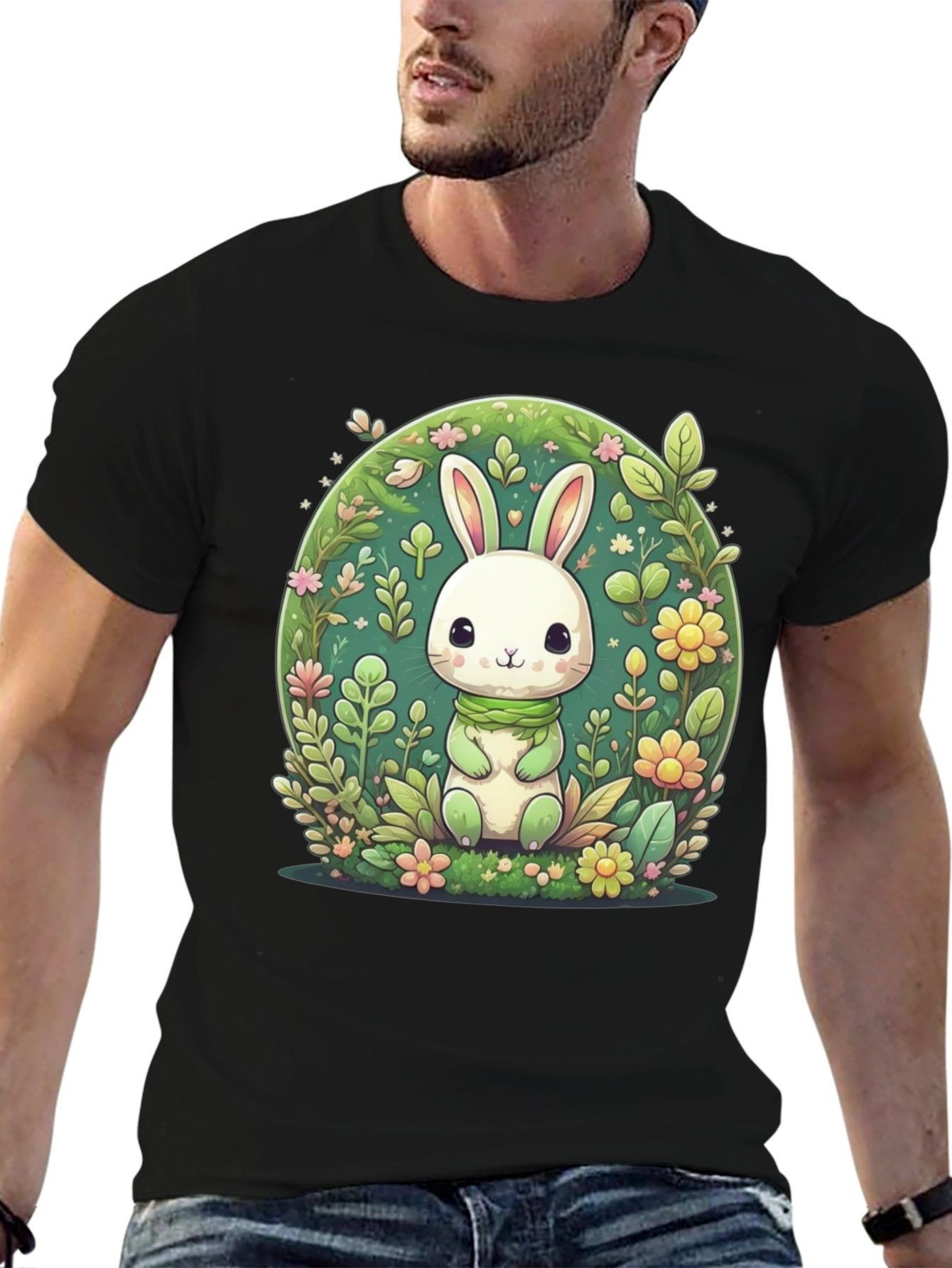Cute Bunny & Floral Design Black T-Shirt