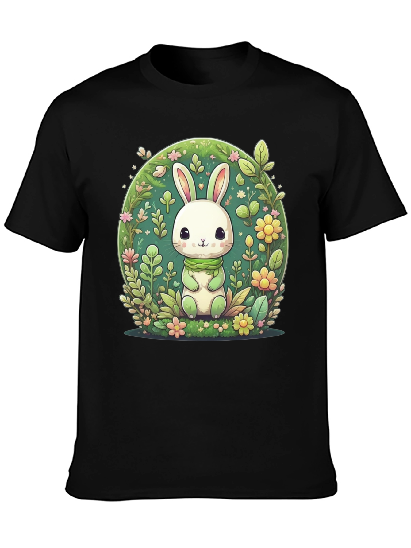 Cute Bunny & Floral Design Black T-Shirt