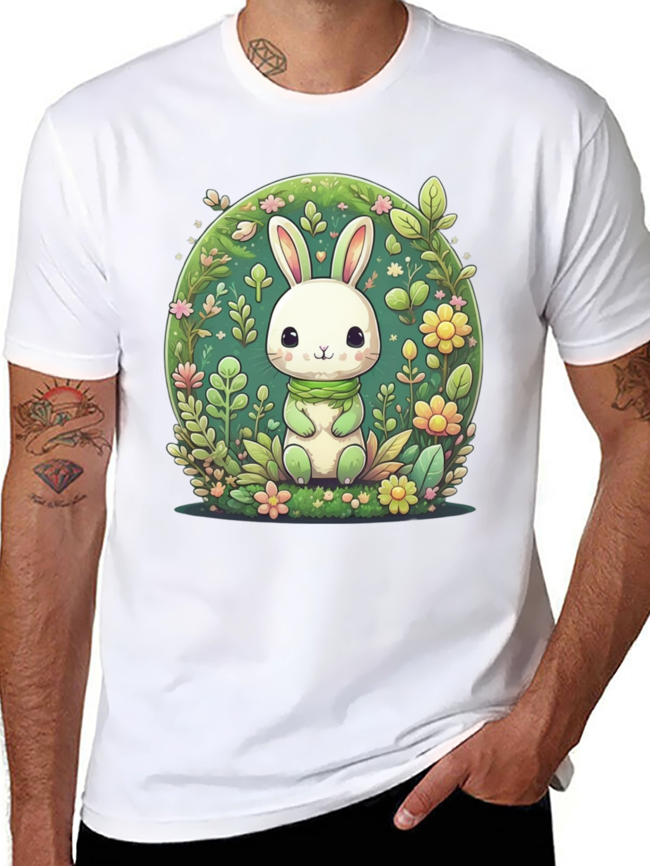 Cute Bunny & Floral Design Black T-Shirt