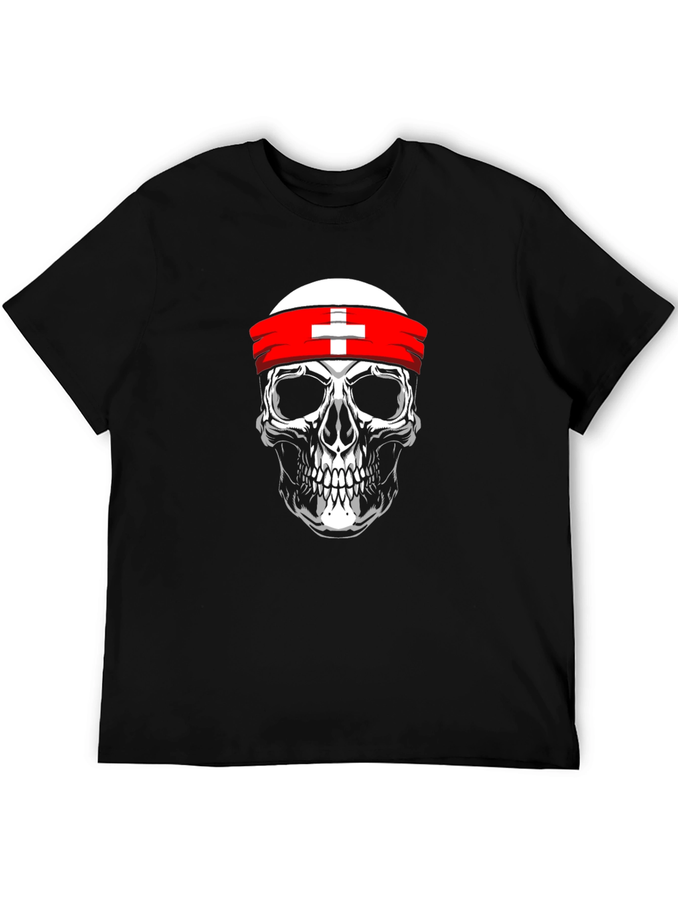 Skull T-Shirt with Swiss Flag Headband - Black