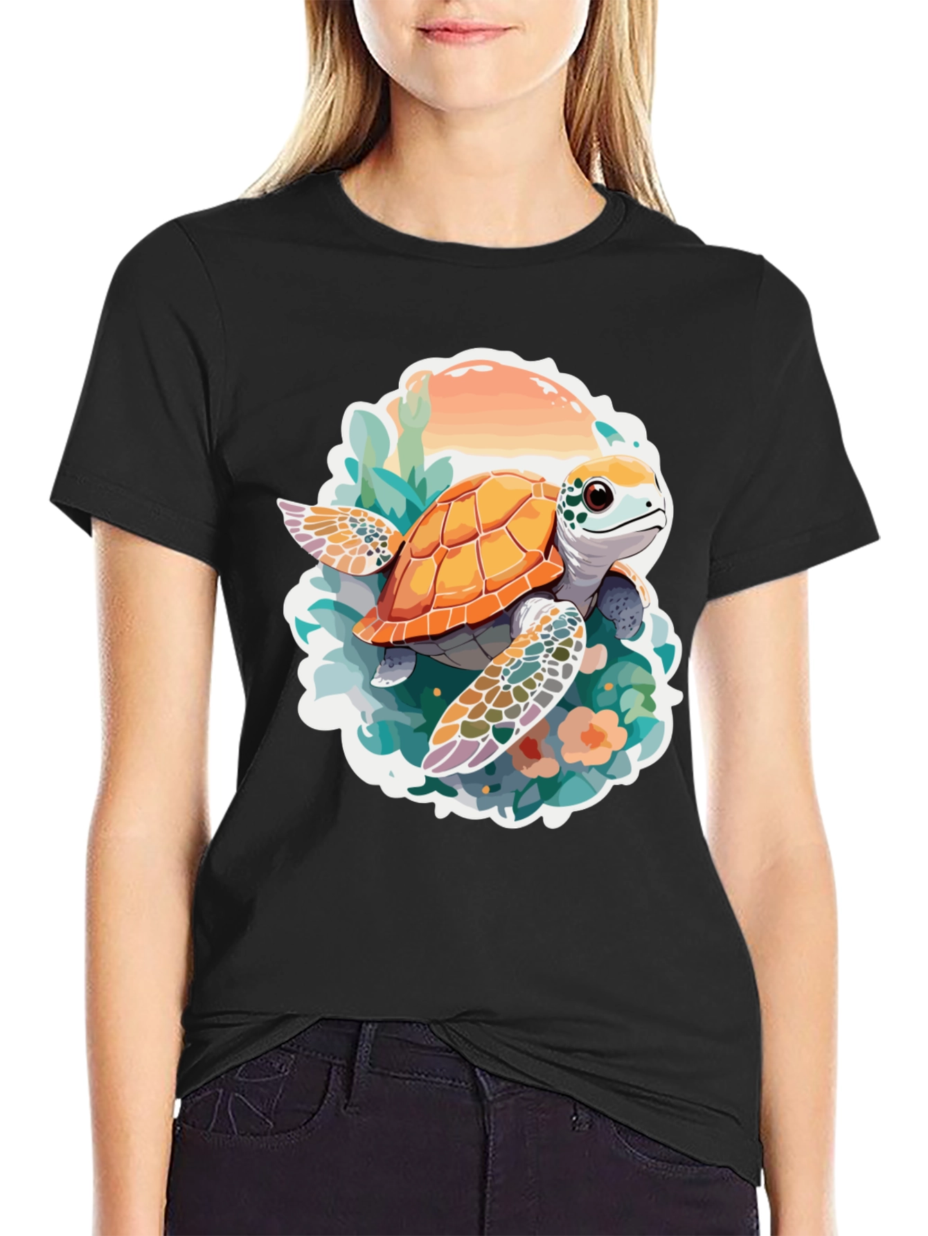 Turtle Graphic Print Black T-Shirt
