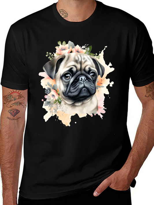 Pug Floral Watercolor Mens Black T-Shirt