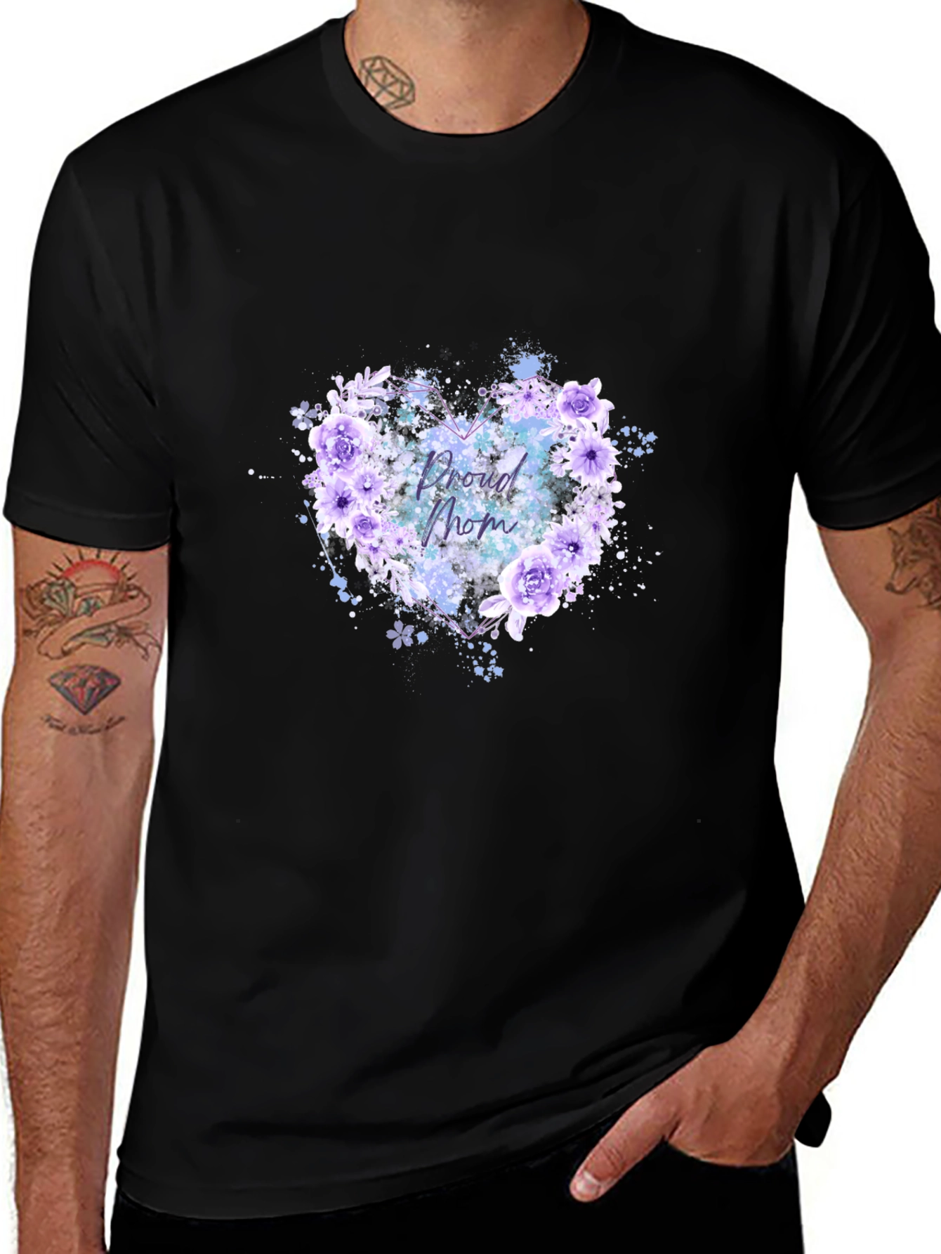 Proud Mom Floral Heart Black T-Shirt