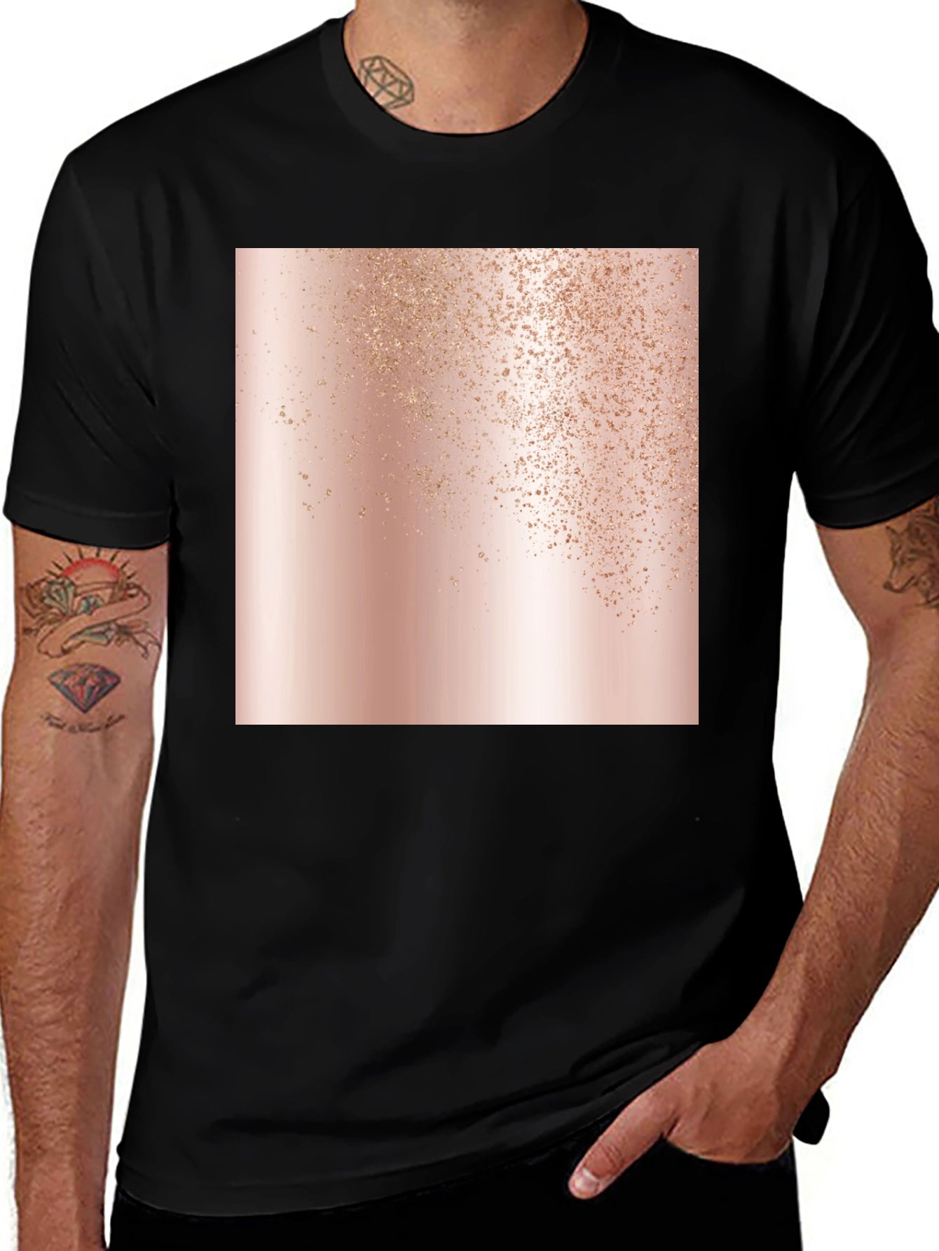 Stylish Black Tee with Abstract Rose Gold Graphic